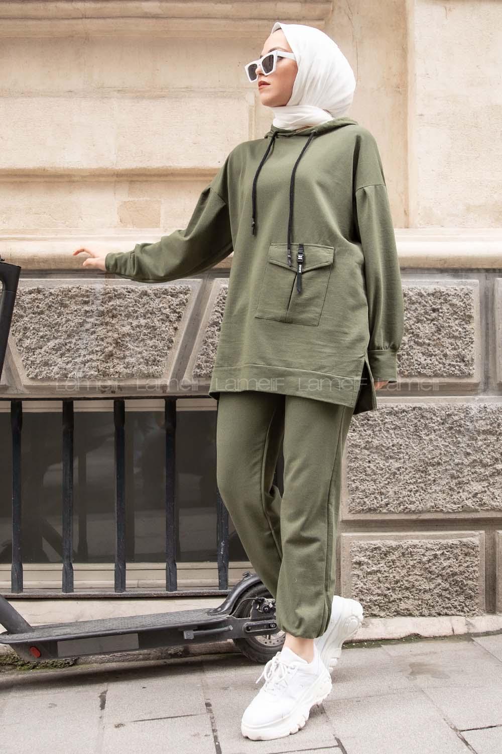 Modalamelif Tek Cepli Kapşonlu İkili Takım Haki