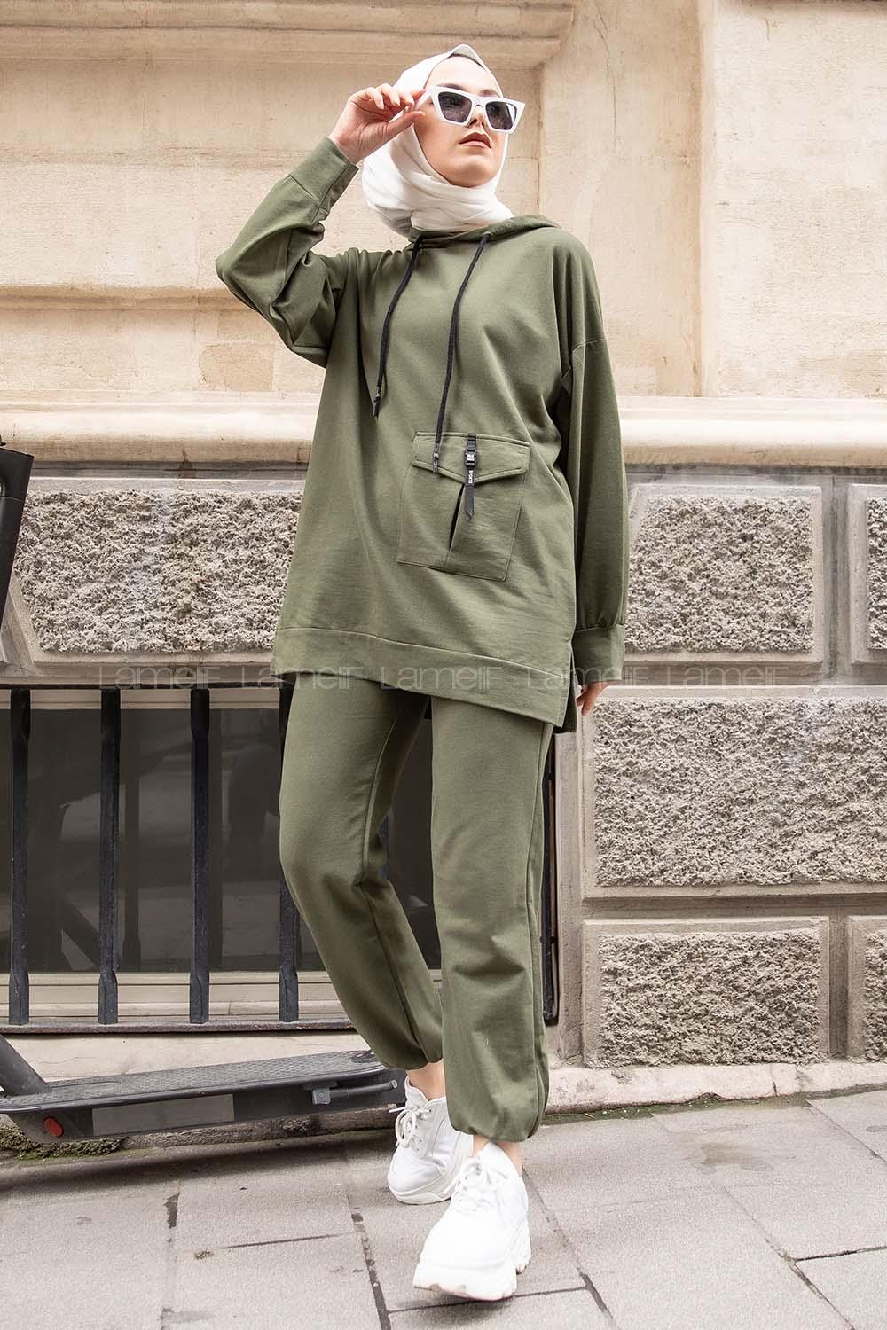 Modalamelif Tek Cepli Kapşonlu İkili Takım Haki