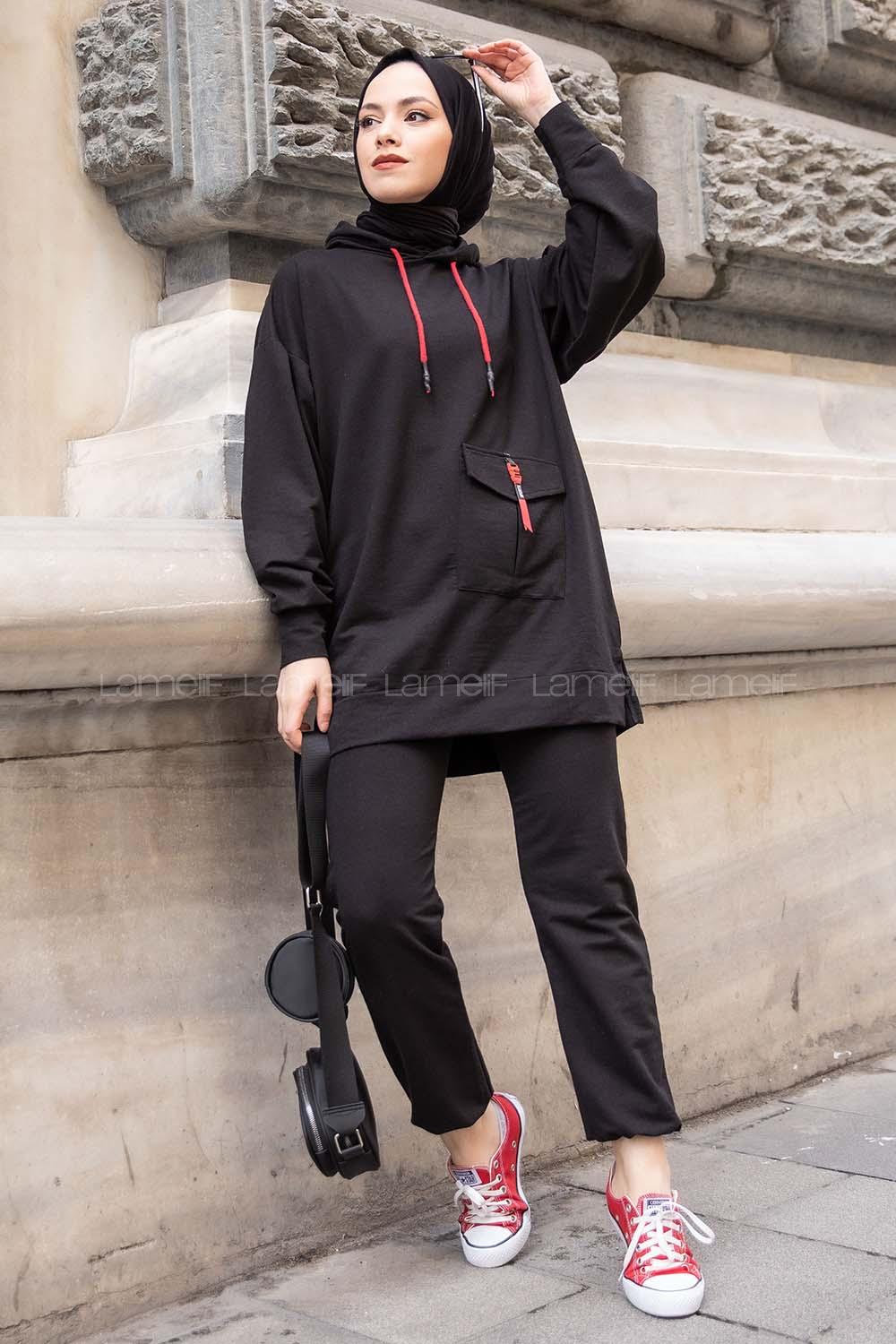 Modalamelif Tek Cepli Kapşonlu İkili Takım Siyah