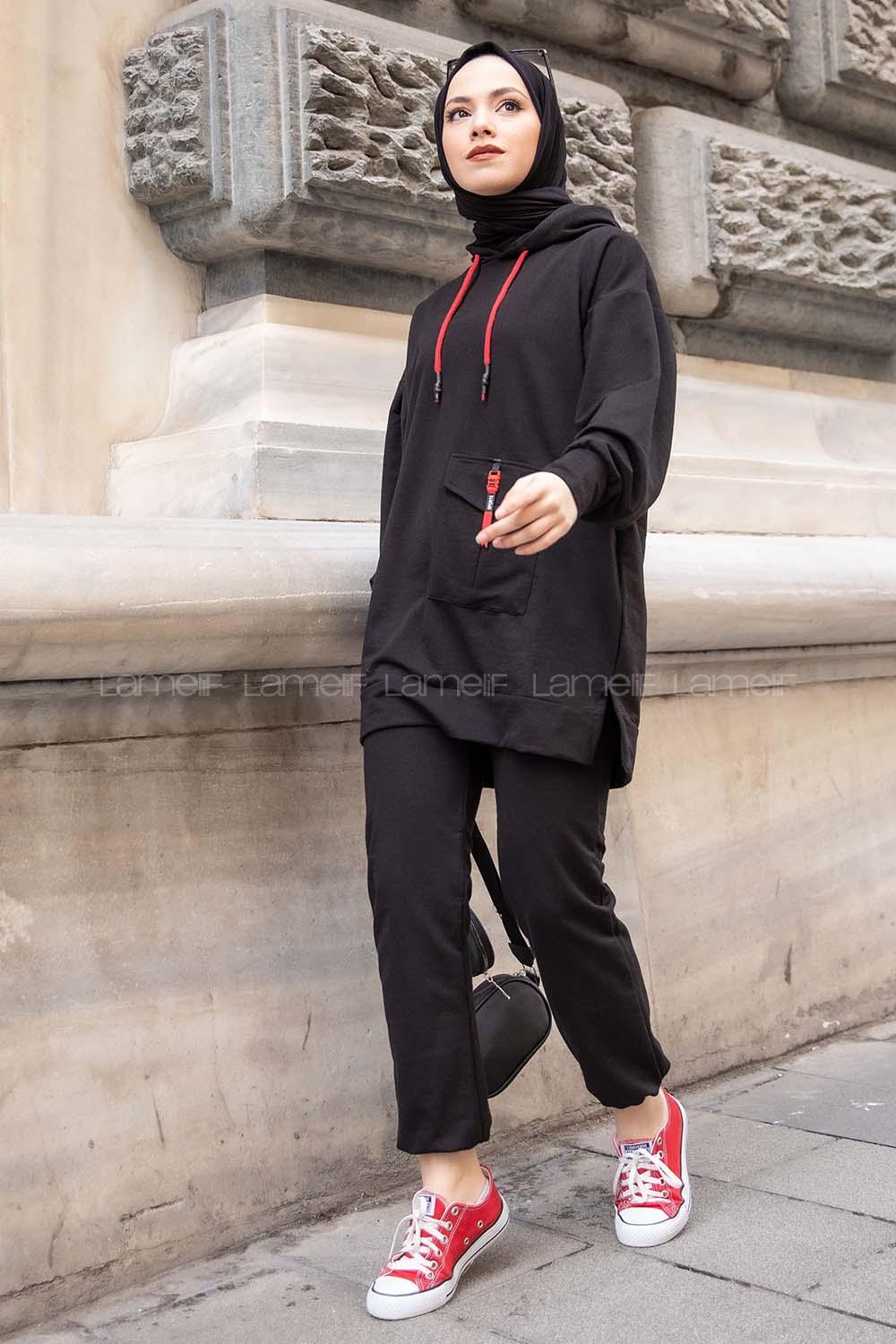 Modalamelif Tek Cepli Kapşonlu İkili Takım Siyah