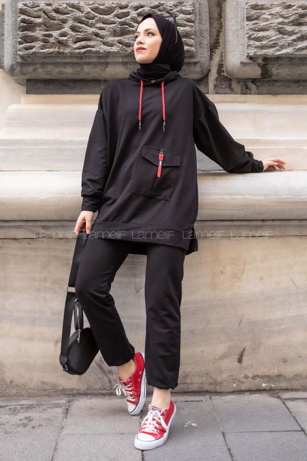 Modalamelif Tek Cepli Kapşonlu İkili Takım Siyah