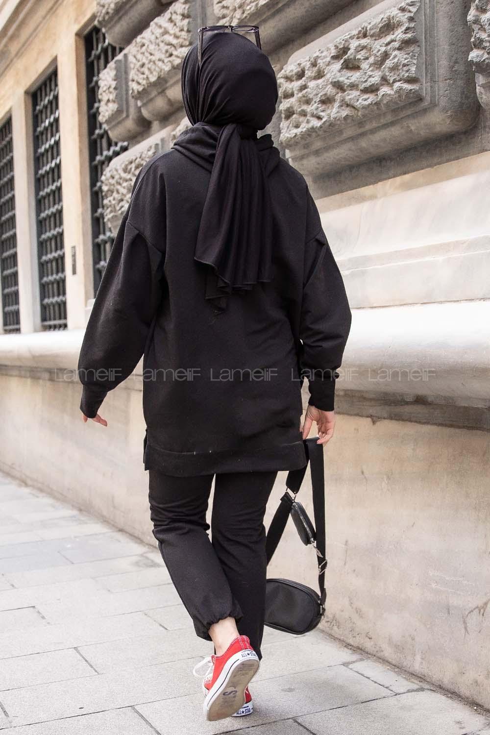 Modalamelif Tek Cepli Kapşonlu İkili Takım Siyah