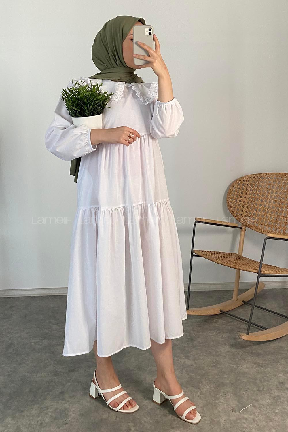 Modalamelif Yaka Dantelli Elbise Beyaz