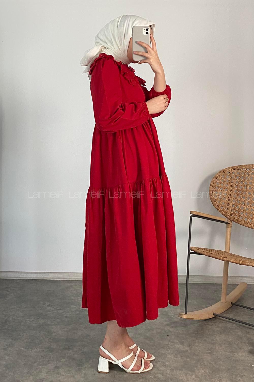 Modalamelif Yaka Dantelli Elbise Kırmızı