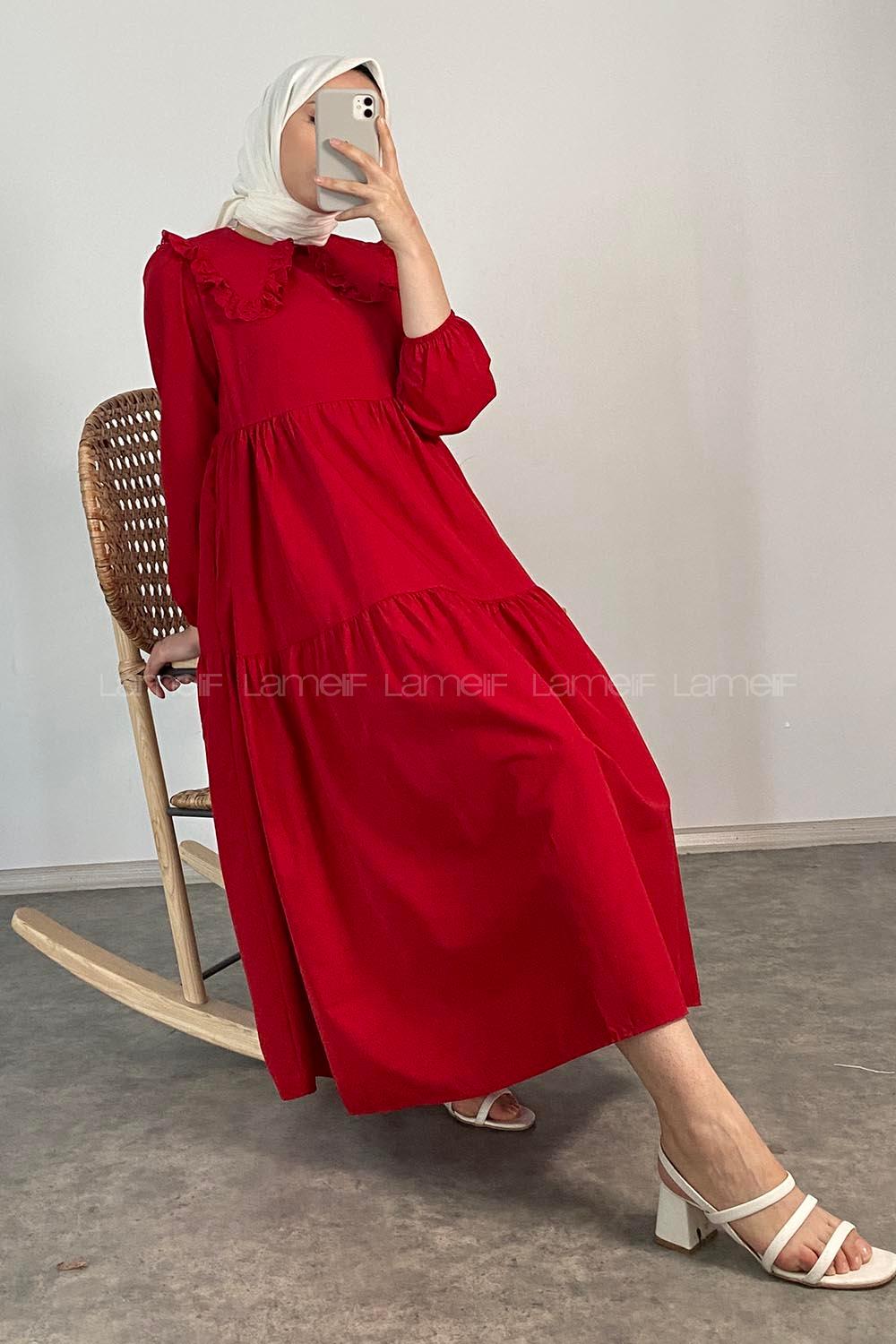 Modalamelif Yaka Dantelli Elbise Kırmızı
