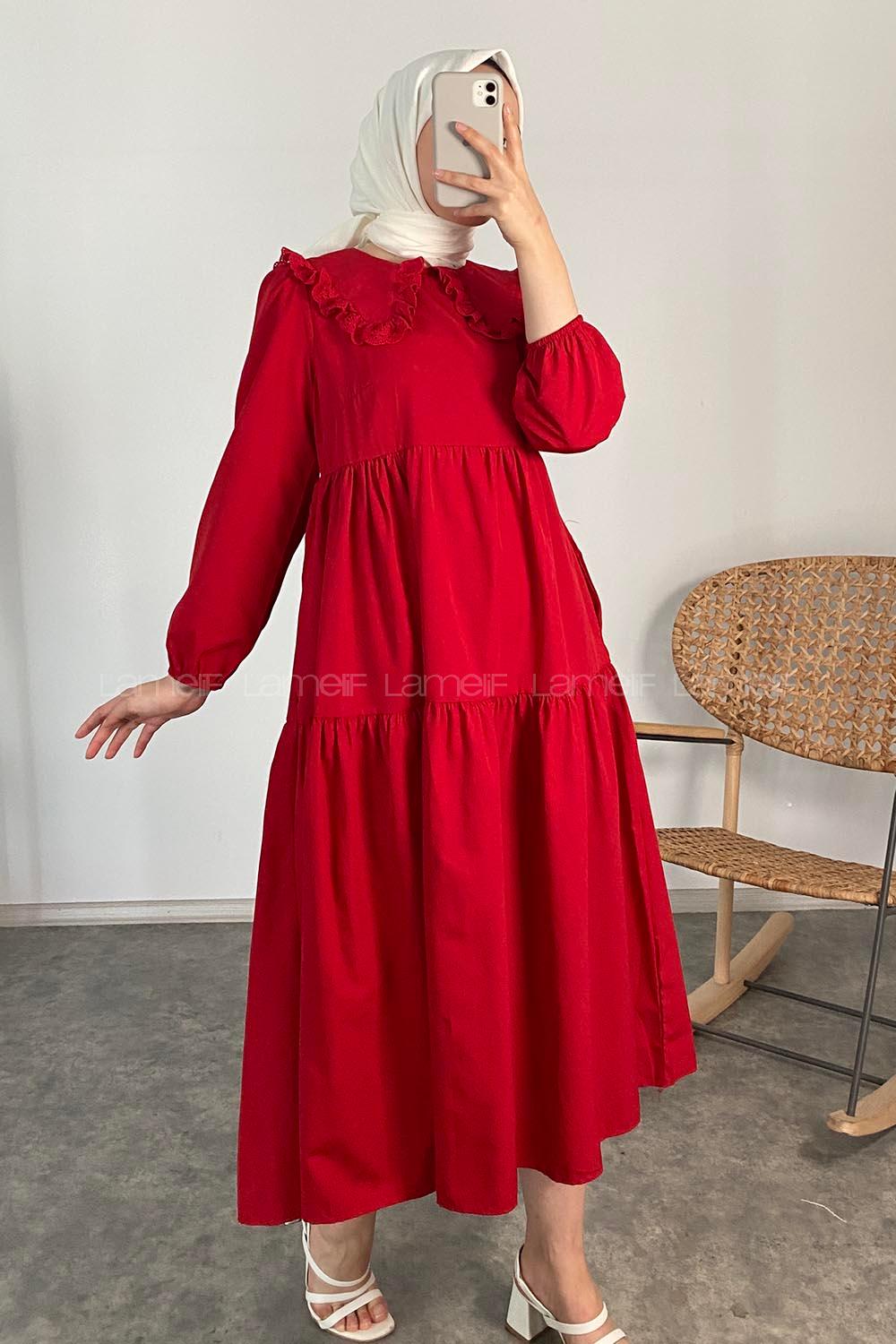 Modalamelif Yaka Dantelli Elbise Kırmızı