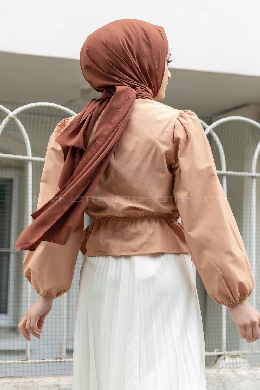 Camel Cotton Fabric Crew Neck Without Accessories Unprinted Long Arm Blouse