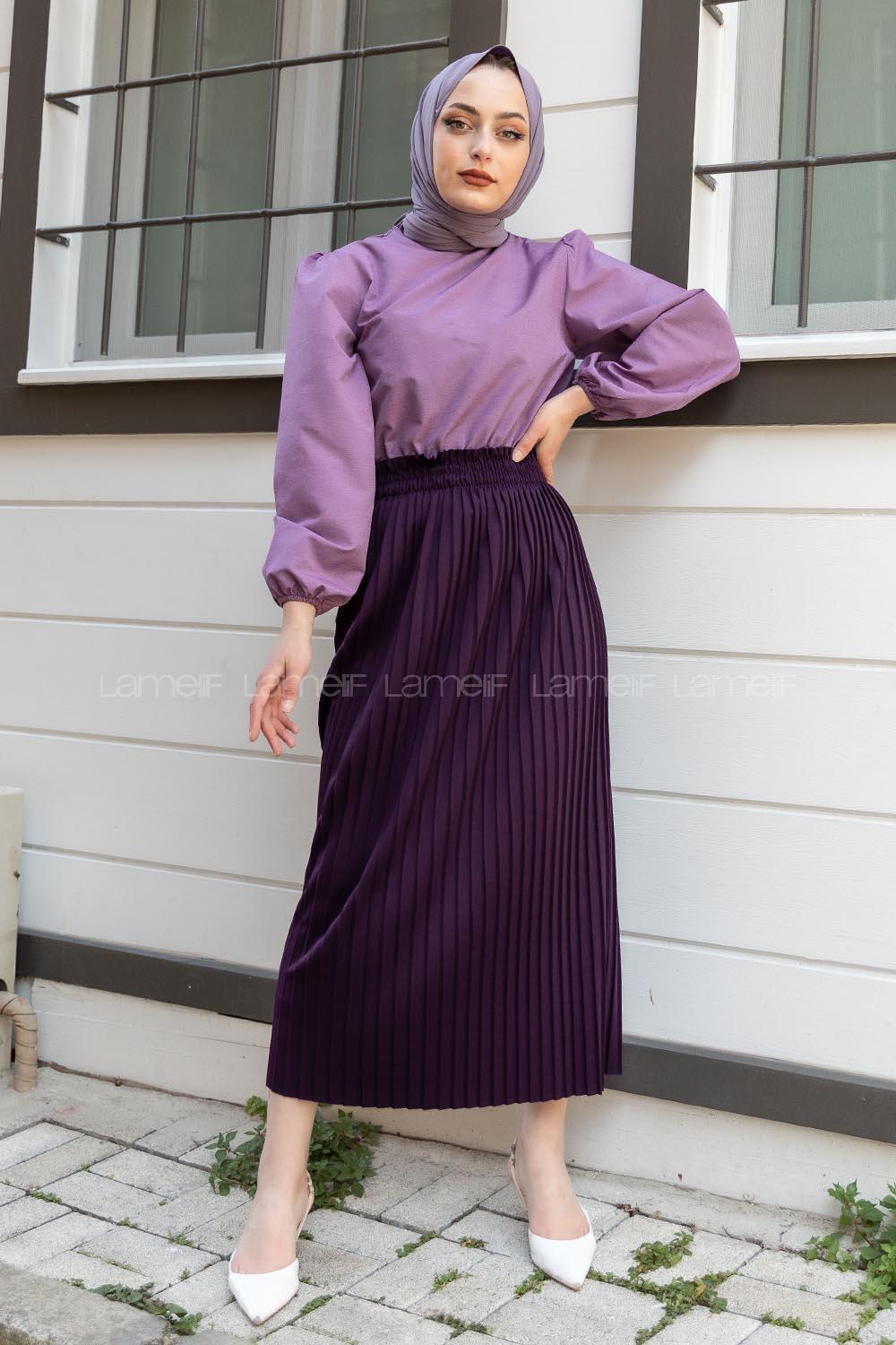 Modalamelif Bel Lastikli Balon Kol Bluz Eflatun