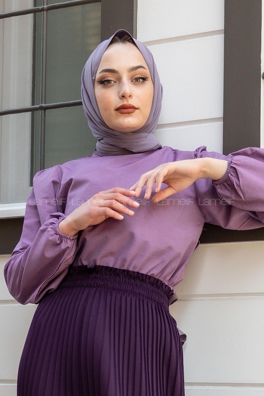 Modalamelif Bel Lastikli Balon Kol Bluz Eflatun