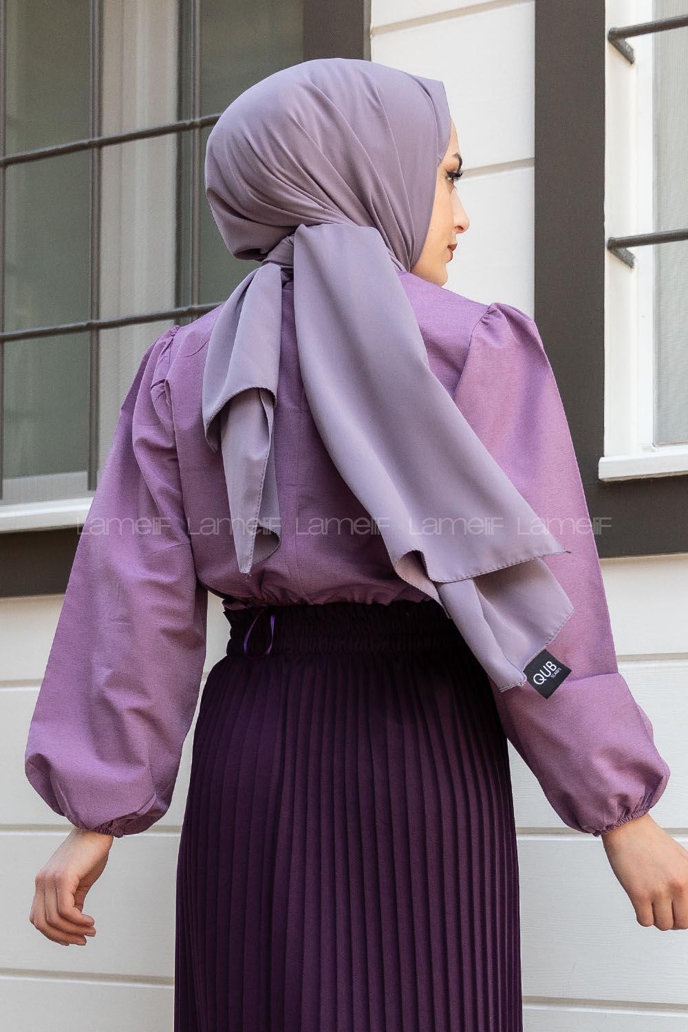 Modalamelif Bel Lastikli Balon Kol Bluz Eflatun