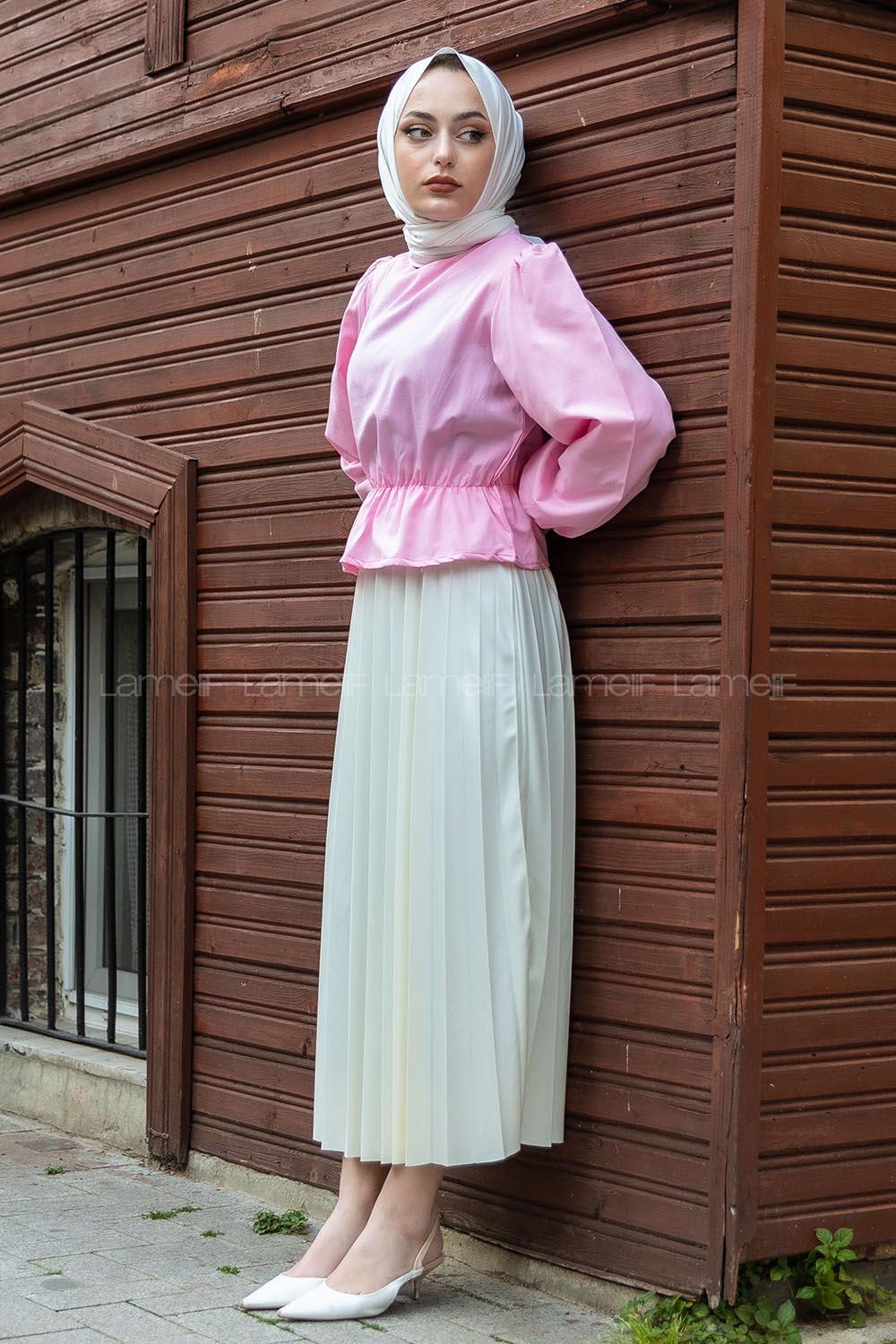 Modalamelif Bel Lastikli Balon Kol Bluz Pembe