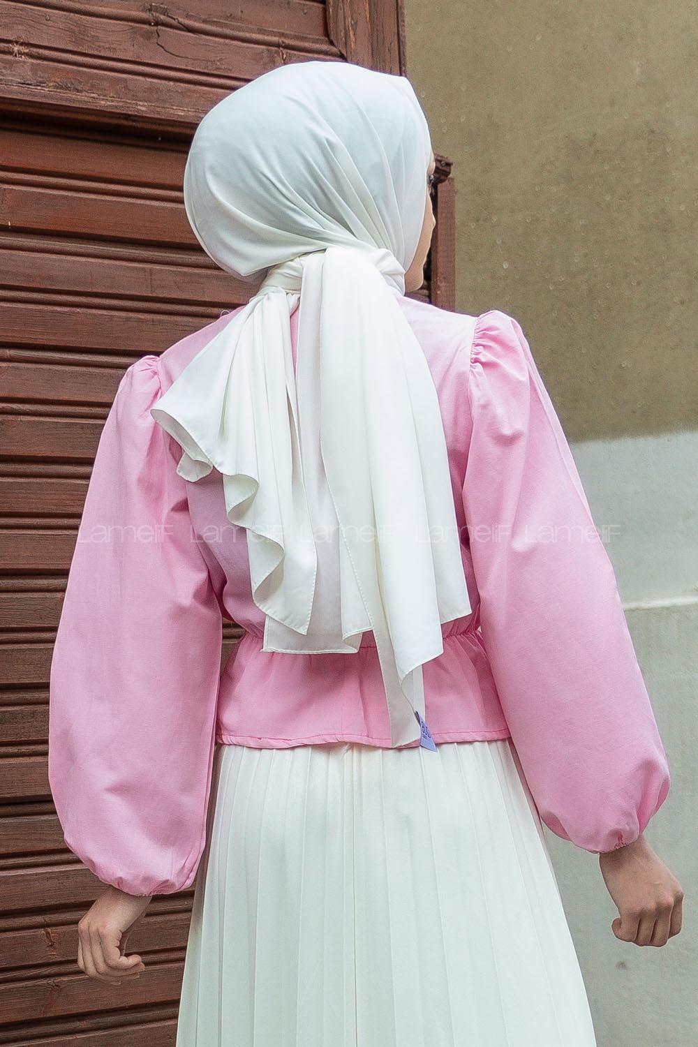 Modalamelif Bel Lastikli Balon Kol Bluz Pembe