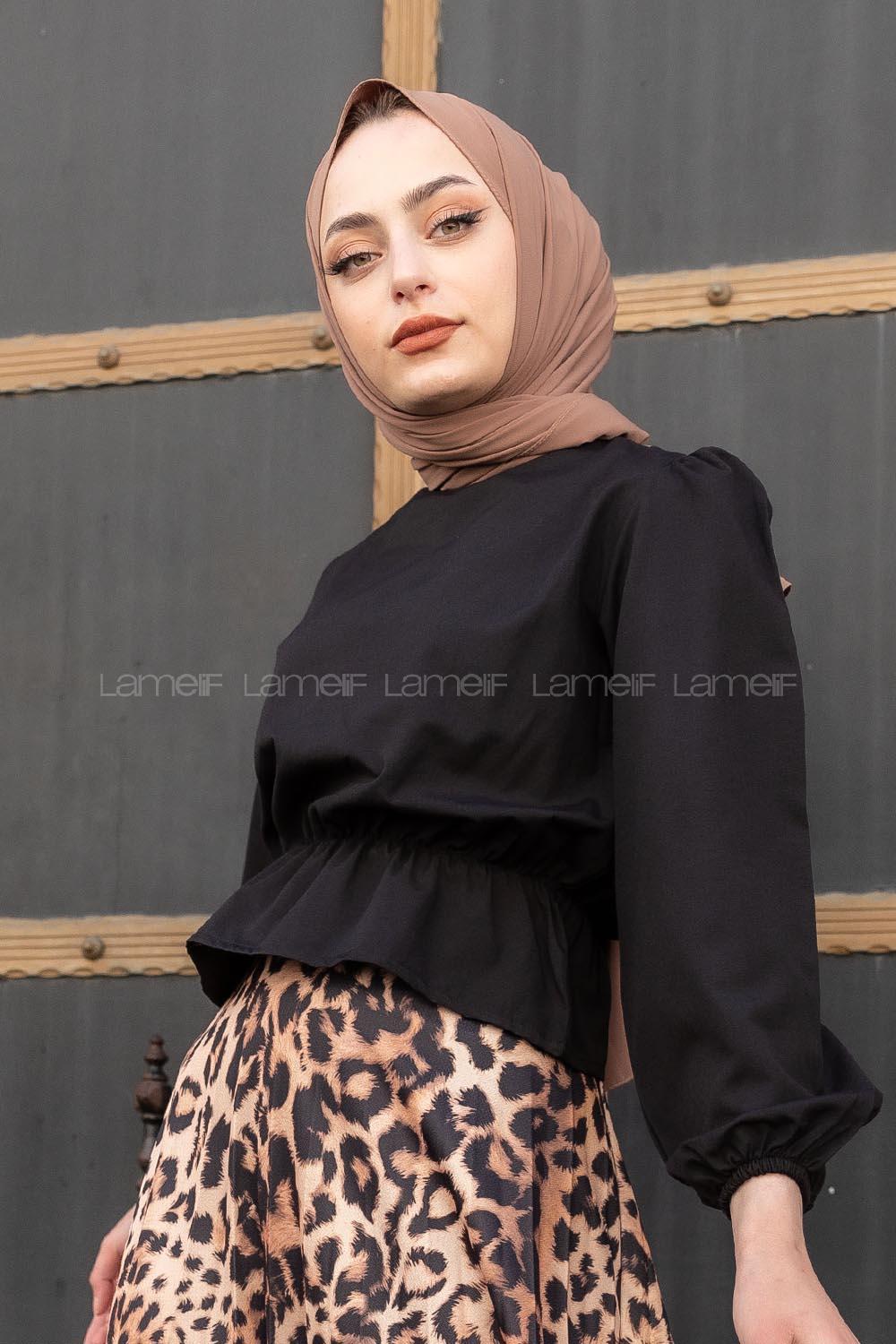 Lamelif Bel Lastikli Balon Kol Bluz Siyah