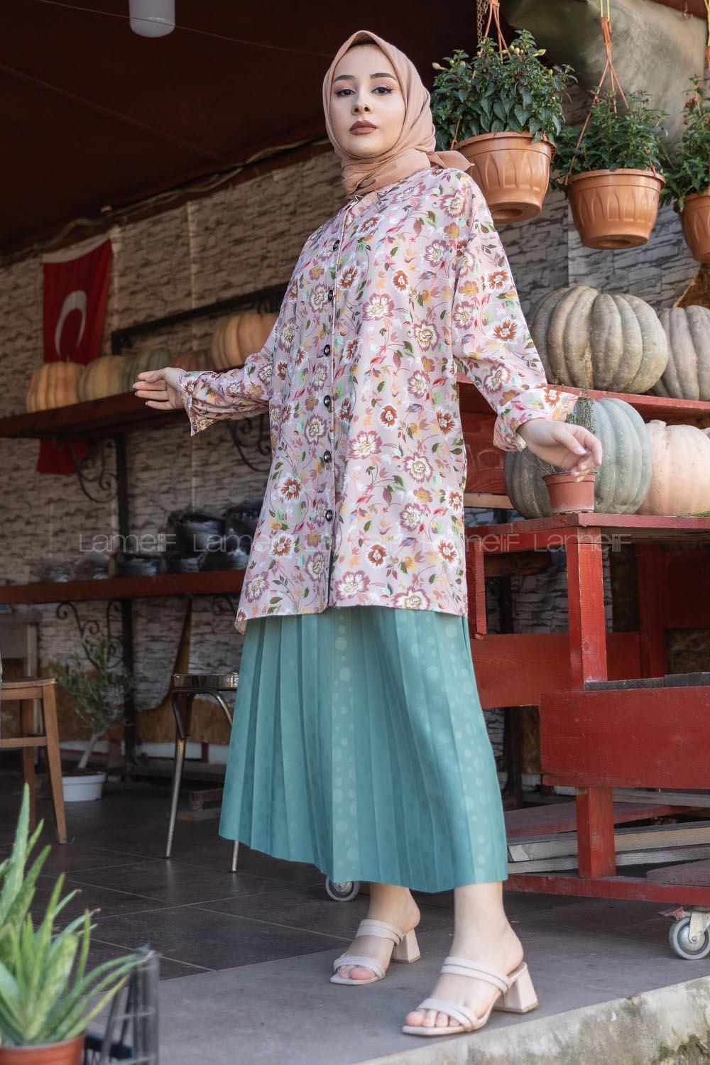 Modalamelif Çiçek Desen Dijital Baskı Gömlek Pudra