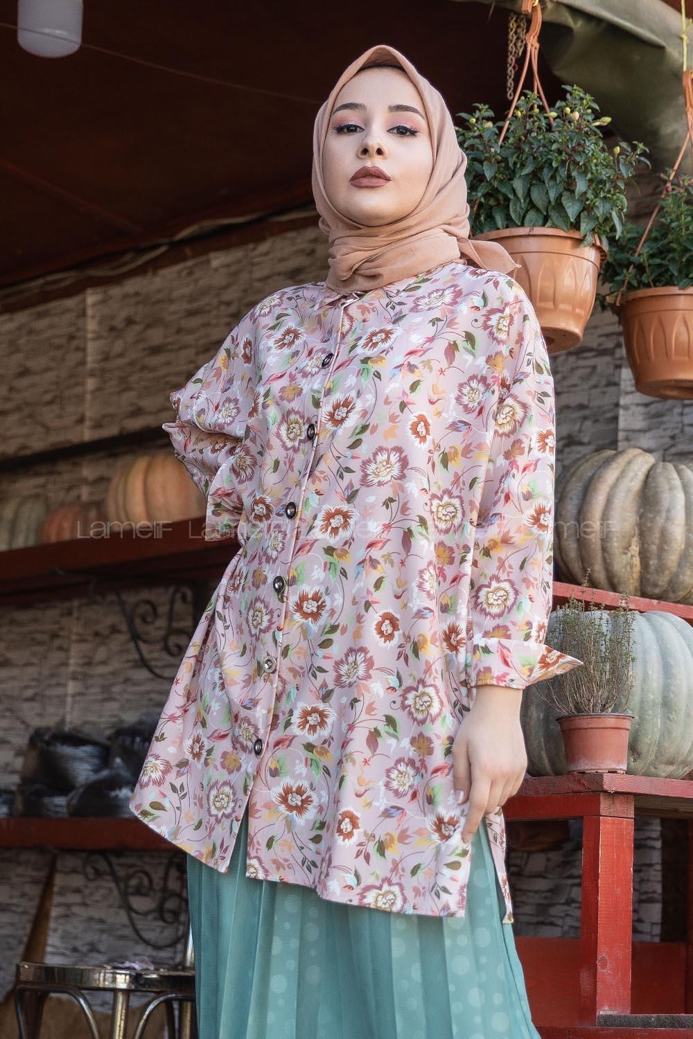 Modalamelif Çiçek Desen Dijital Baskı Gömlek Pudra