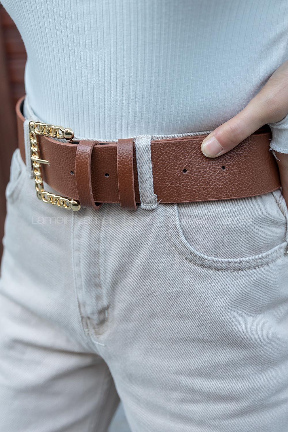 Modalamelif Geniş Kere Zincir Tokalı Kemer Altın