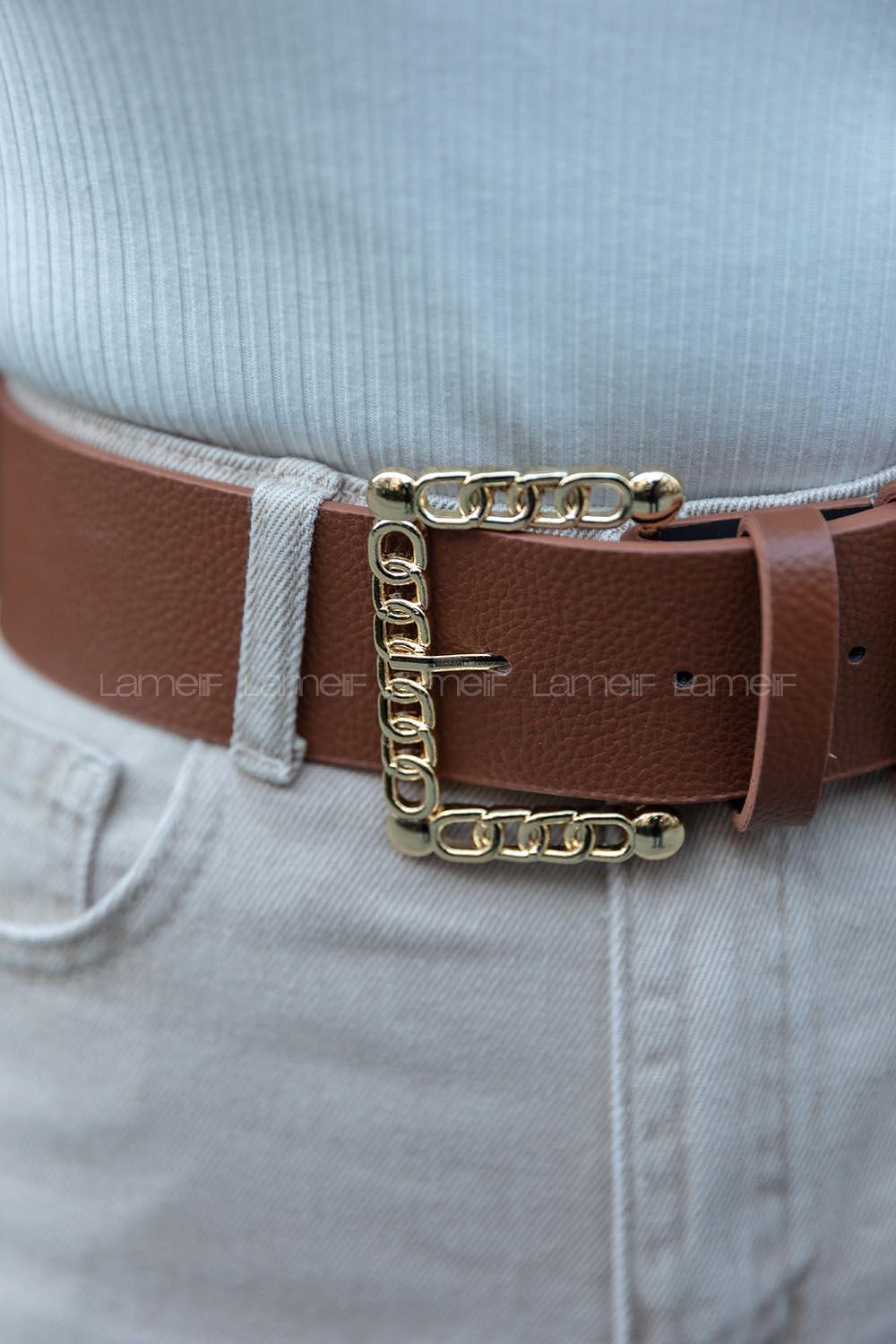 Modalamelif Geniş Kere Zincir Tokalı Kemer Altın