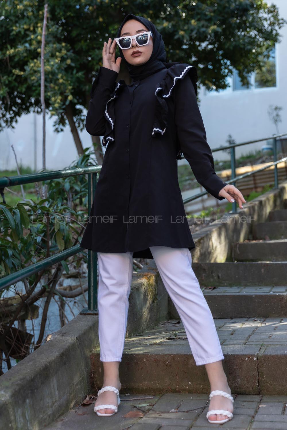 Modalamelif Güpür Fırfırlı Tunik Siyah