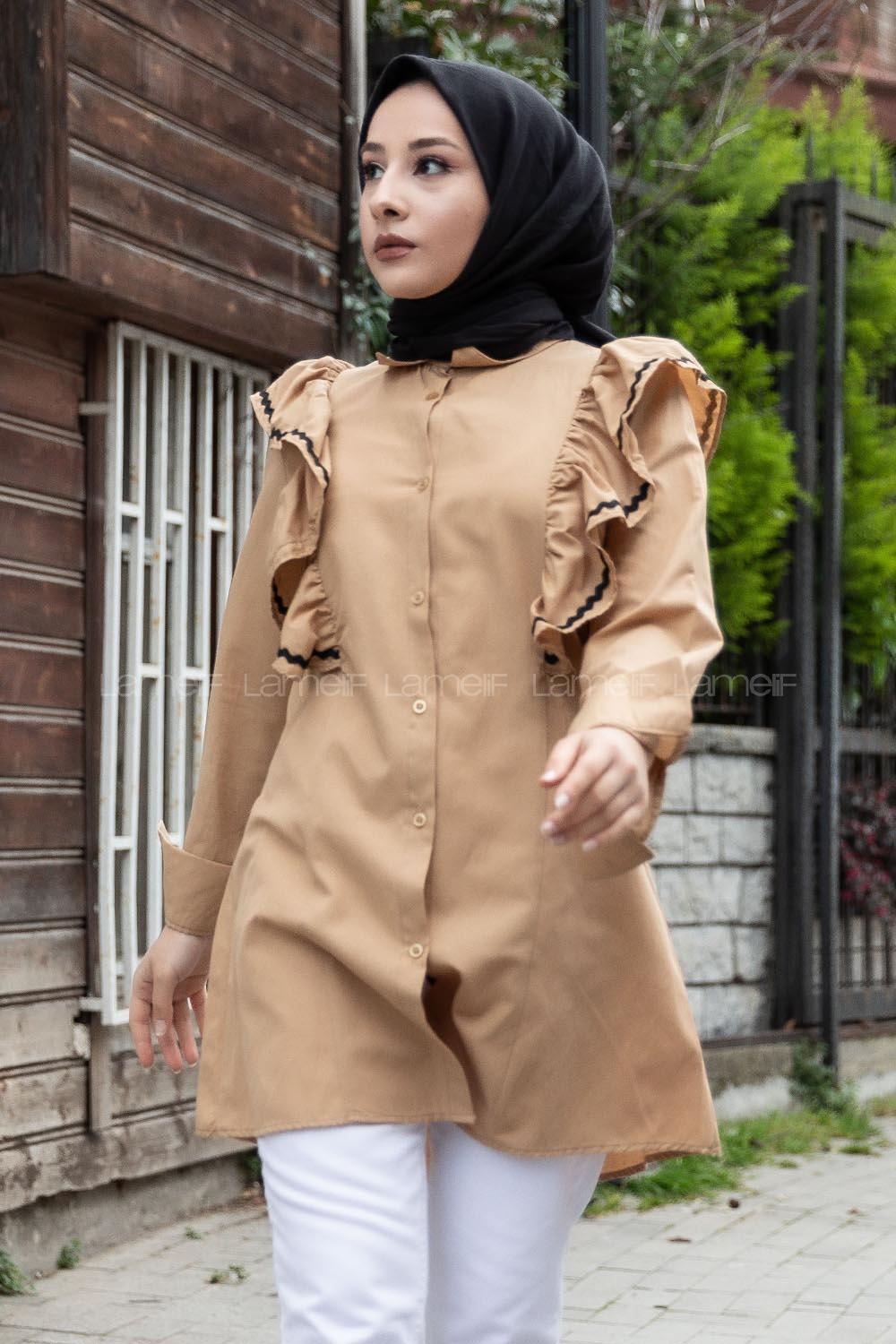 Modalamelif Güpür Fırfırlı Tunik Sütlü Kahve