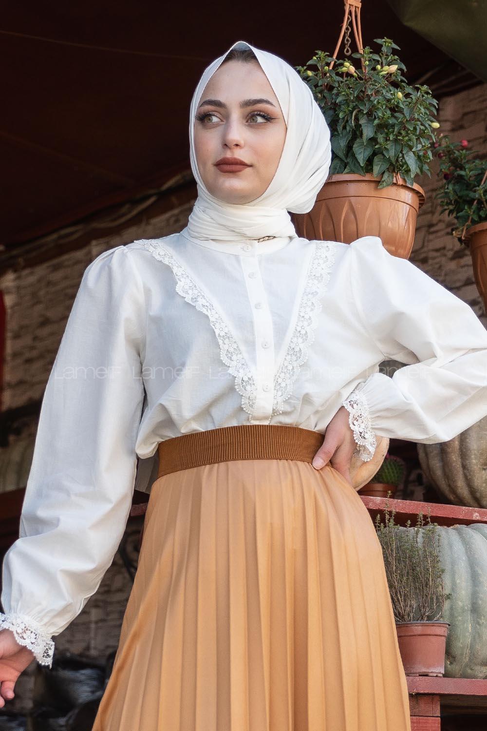 Modalamelif  Kol Brode Güpür Detaylı Gömlek Ekru