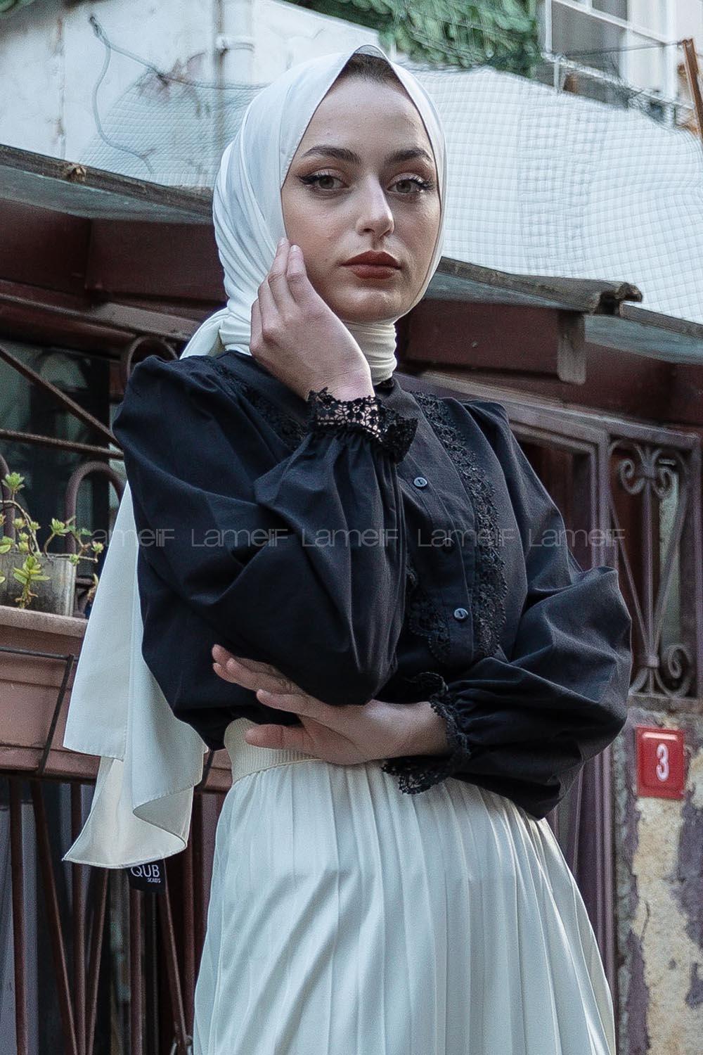 Modalamelif  Kol Brode Güpür Detaylı Gömlek Siyah