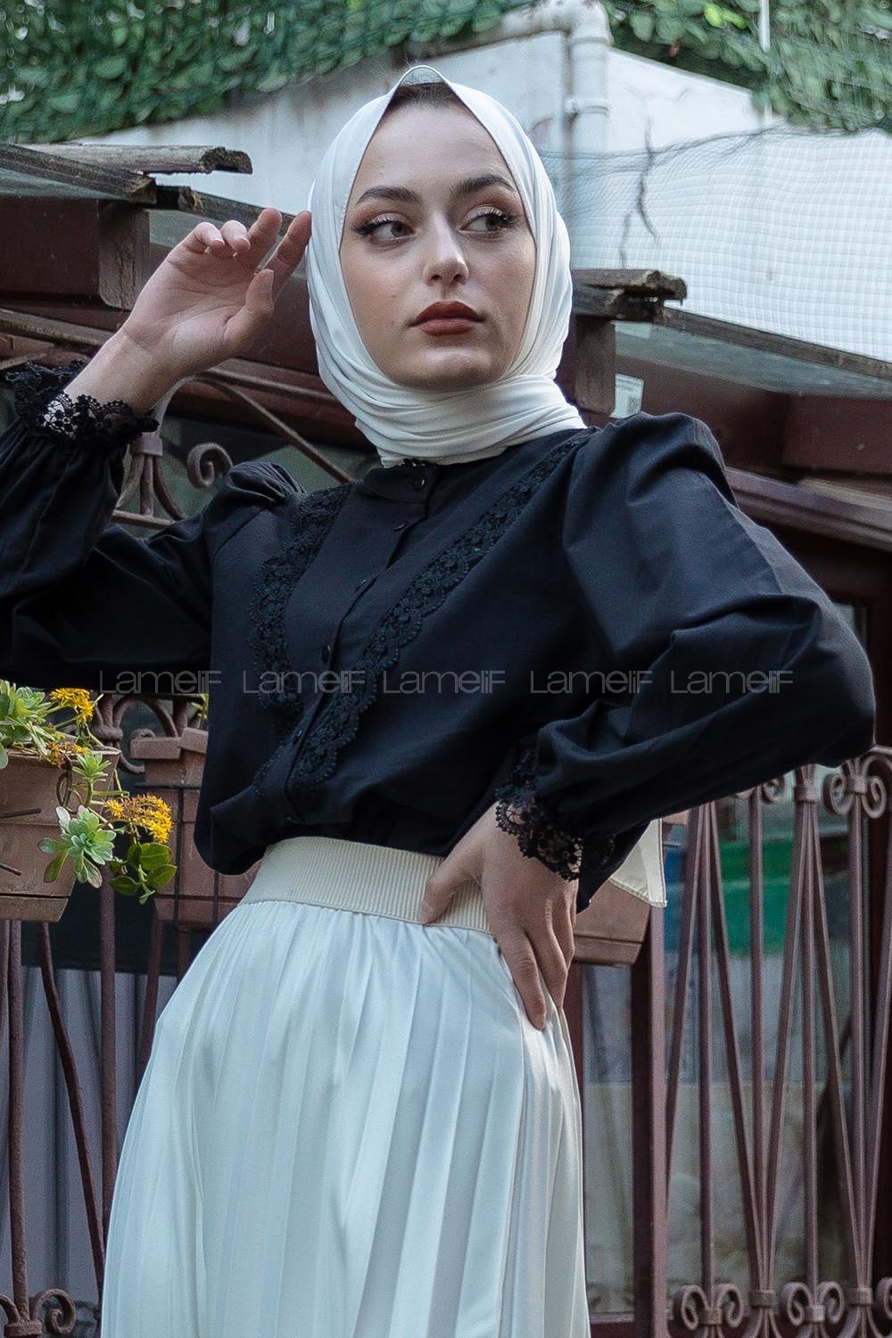 Modalamelif  Kol Brode Güpür Detaylı Gömlek Siyah