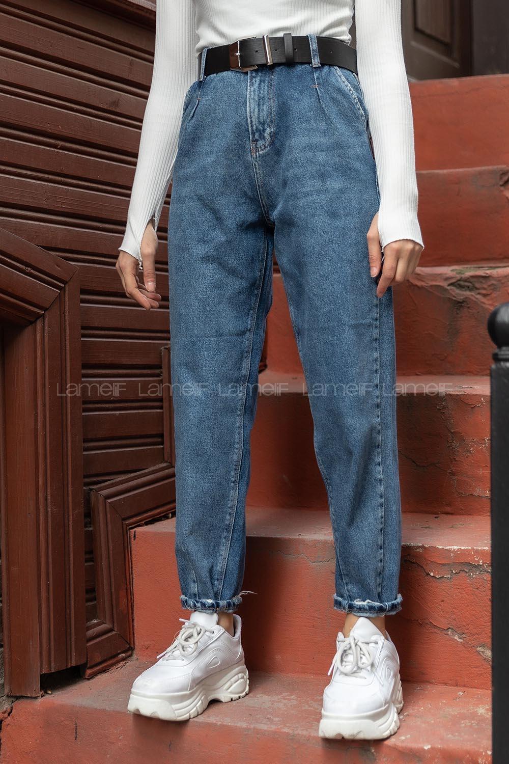 Modalamelif Paça Pensli Mom Jean Kot Mavisi