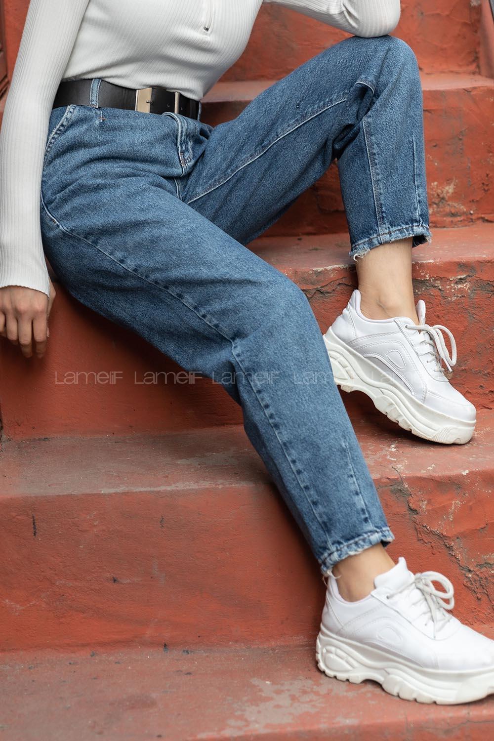 Modalamelif Paça Pensli Mom Jean Kot Mavisi