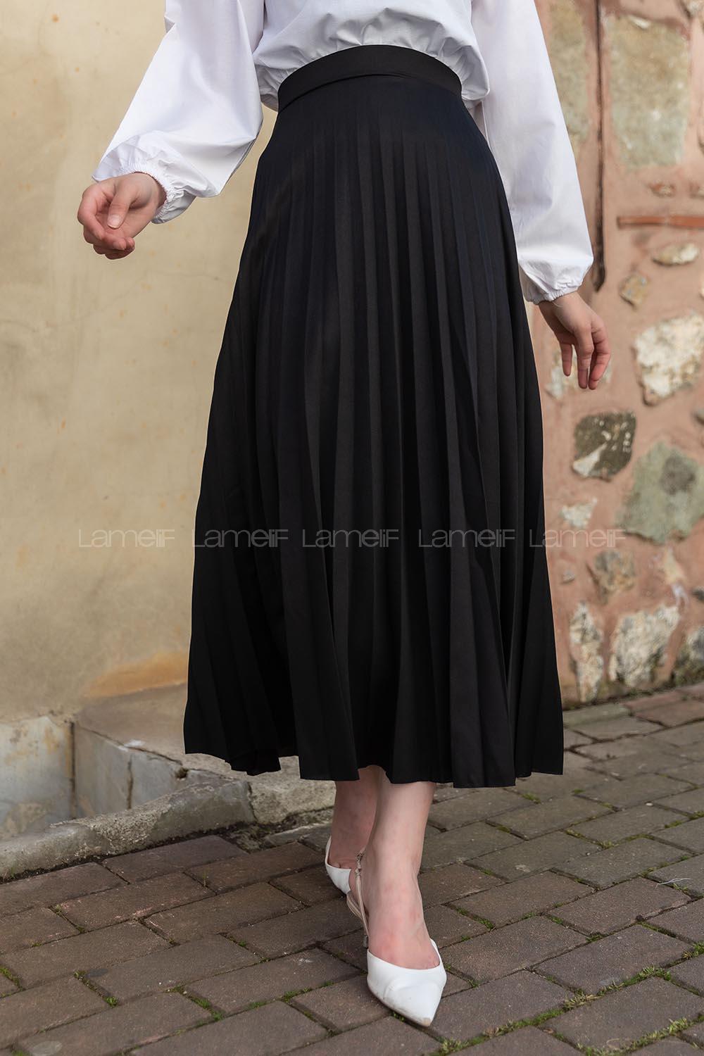 Lamelif Siyah Mira Kumaş Pliseli Etek