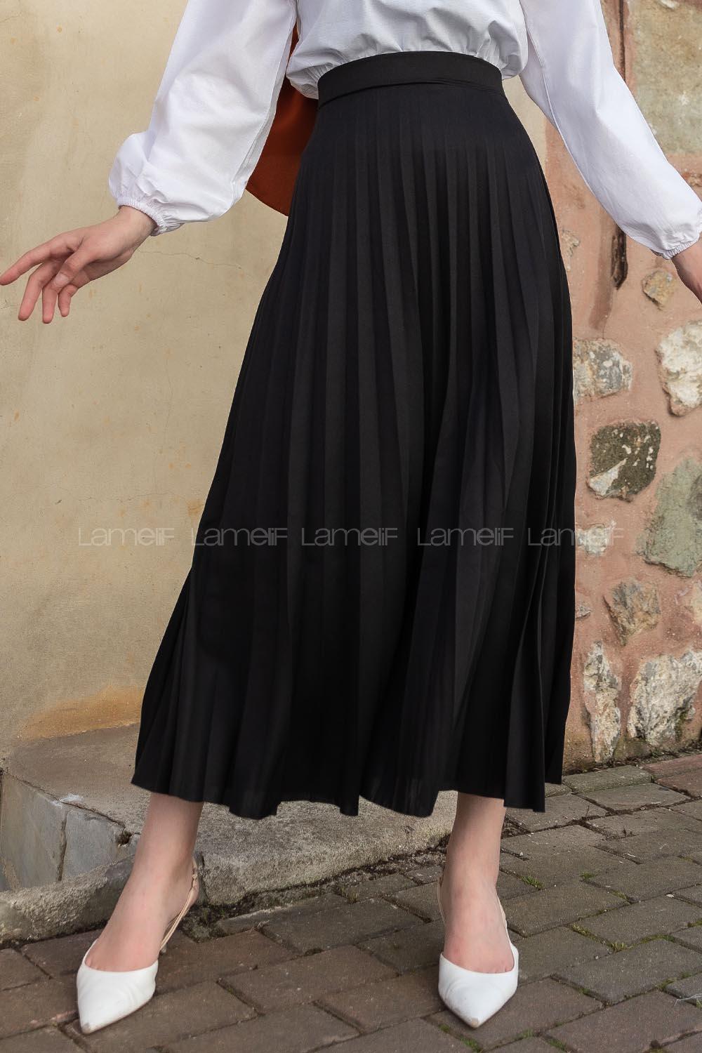 Lamelif Siyah Mira Kumaş Pliseli Etek