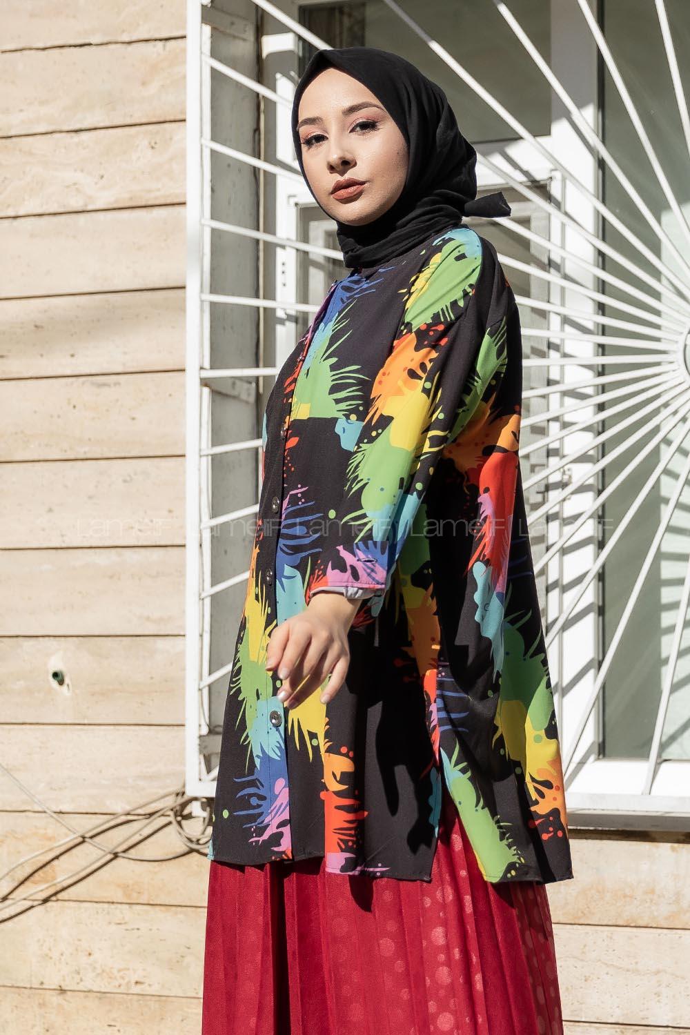 Modalamelif Soyut Desen Dijital Baskı Gömlek Siyah Yeşil