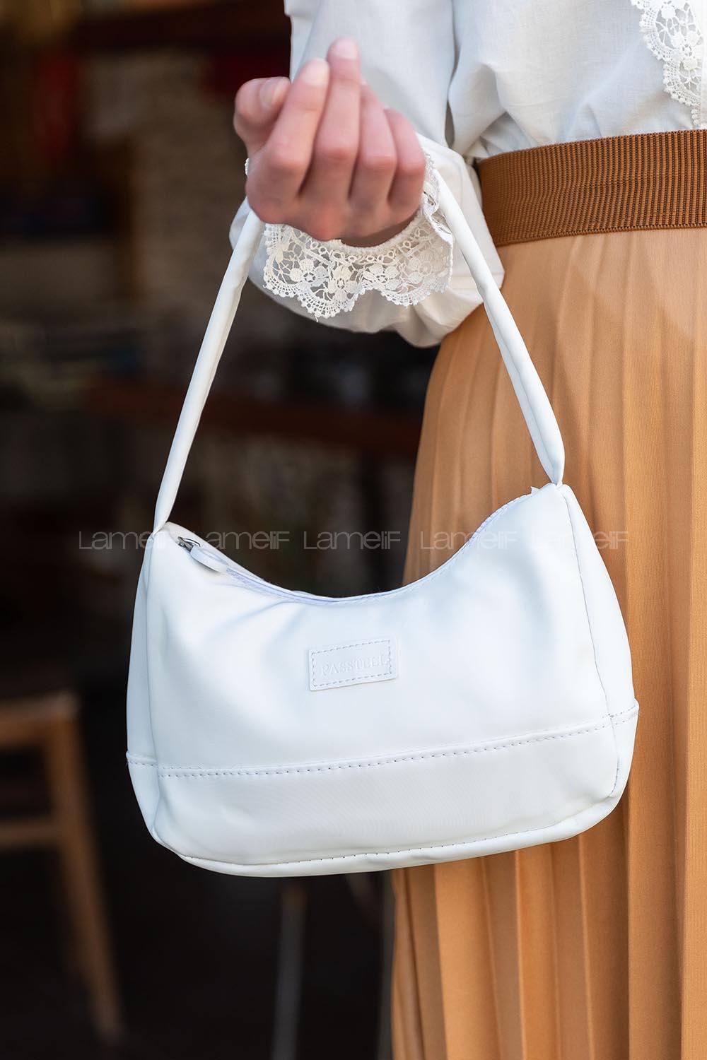 Modalamelif Saten Kumaş Baget Vialla Çanta Beyaz