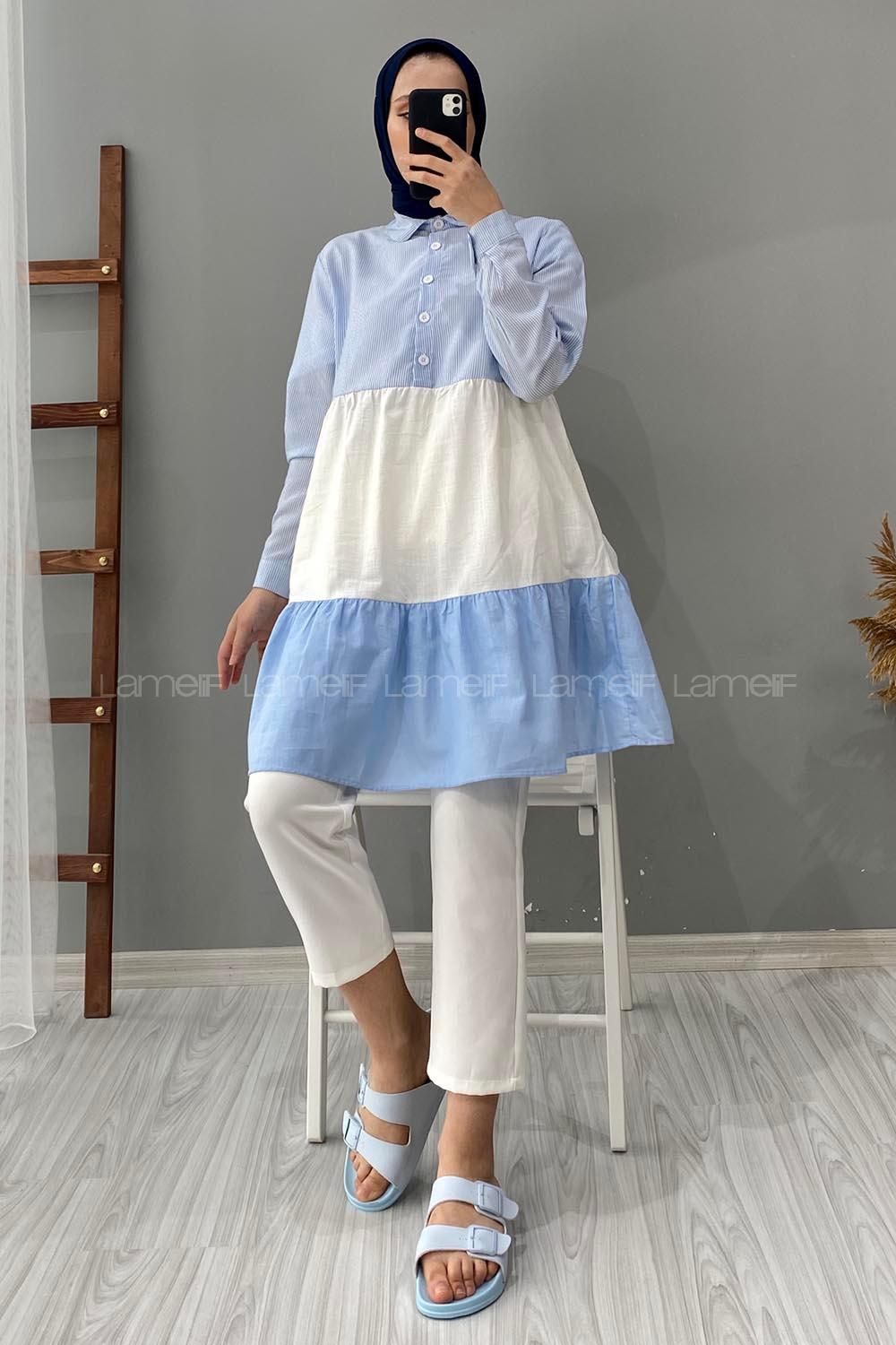 Modalamelif Yaka Kravat Garnili Tunik Açık Mavi