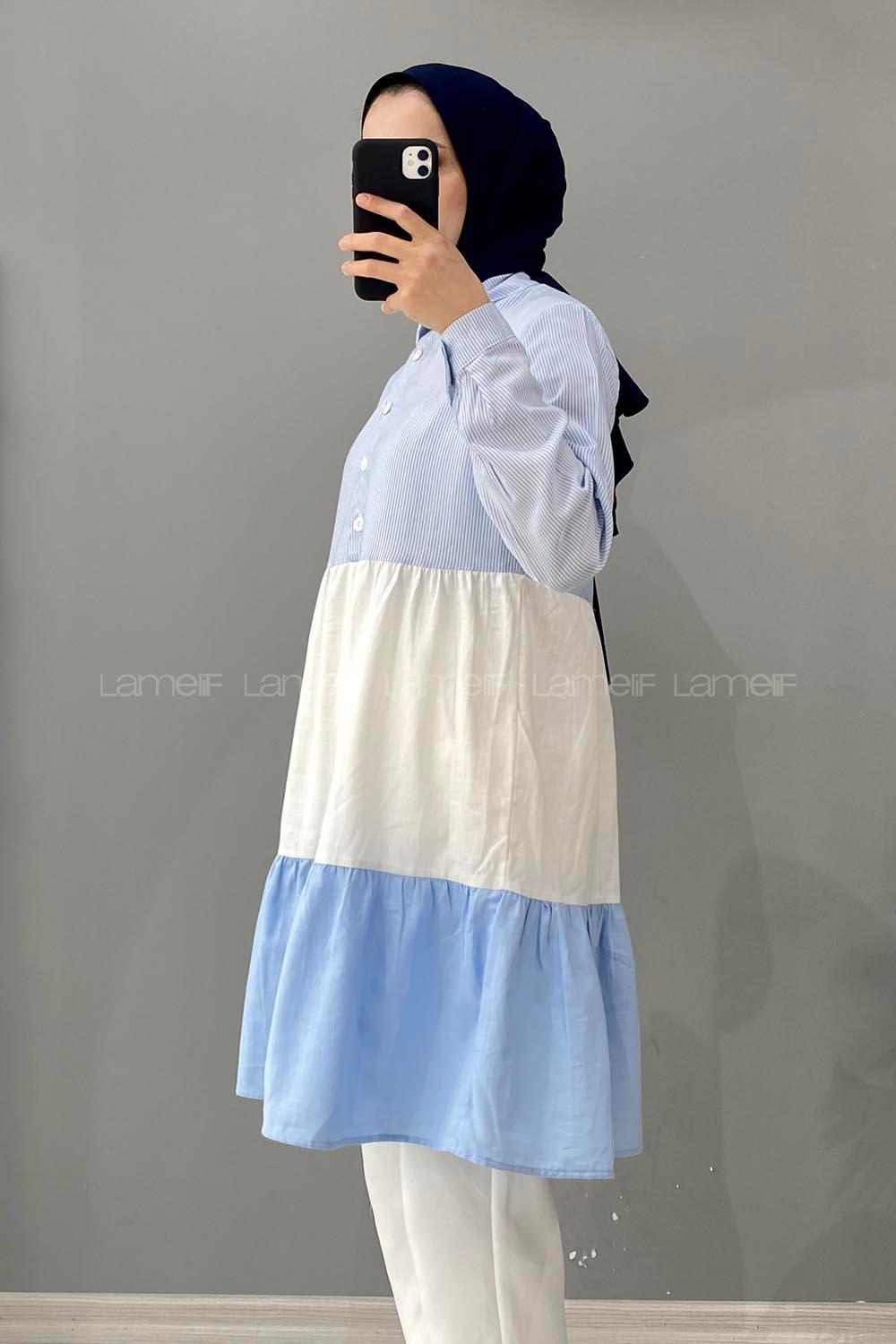 Modalamelif Yaka Kravat Garnili Tunik Açık Mavi