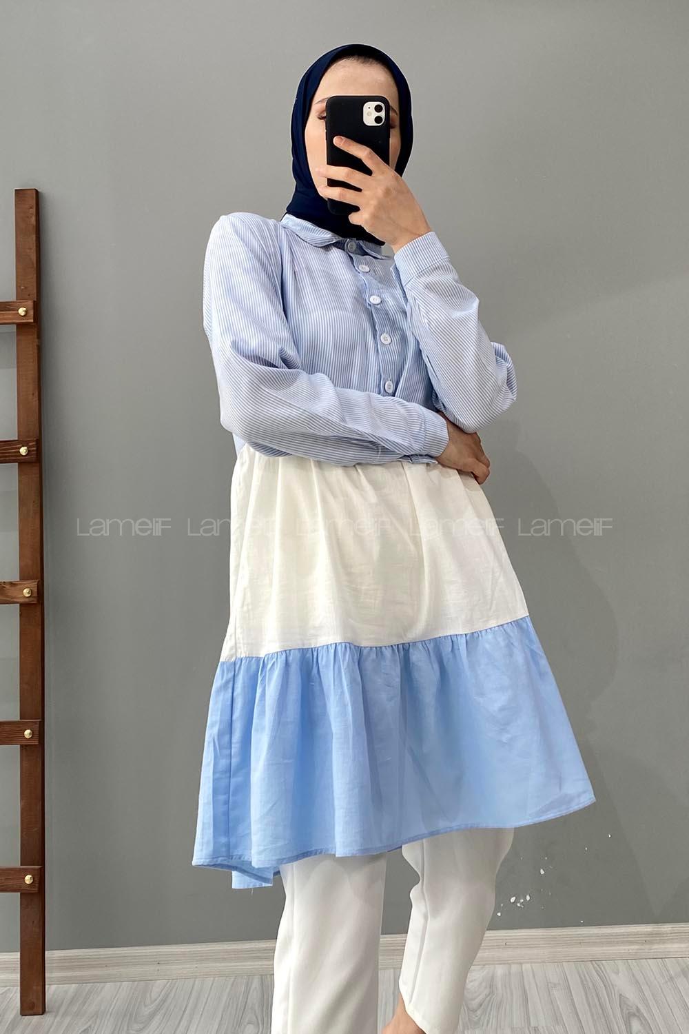 Modalamelif Yaka Kravat Garnili Tunik Açık Mavi