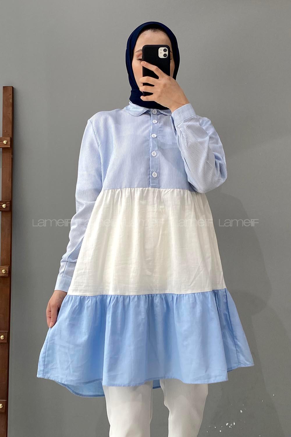 Modalamelif Yaka Kravat Garnili Tunik Açık Mavi