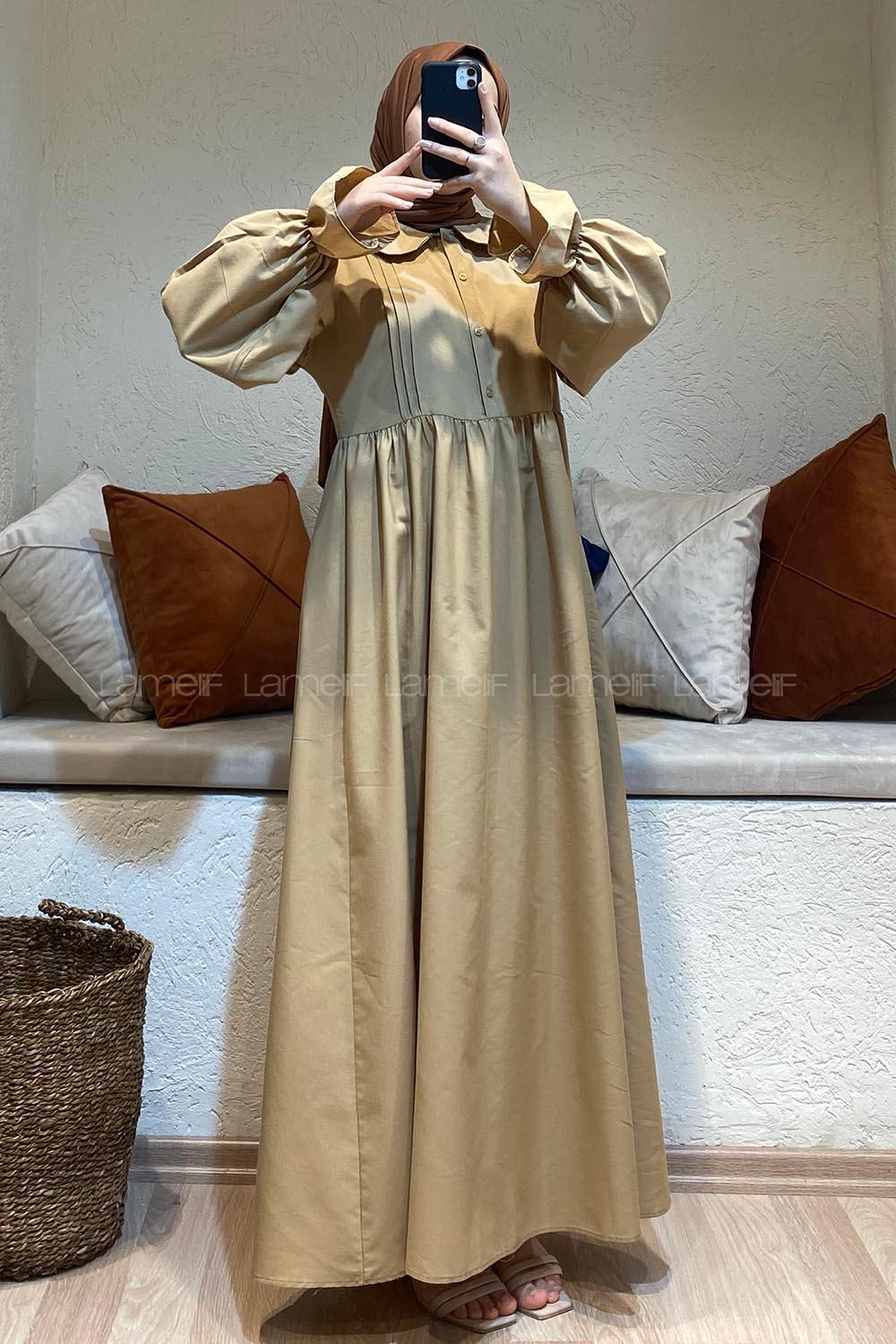 Modalamelif Bebe Yaka Pileli Elbise Camel