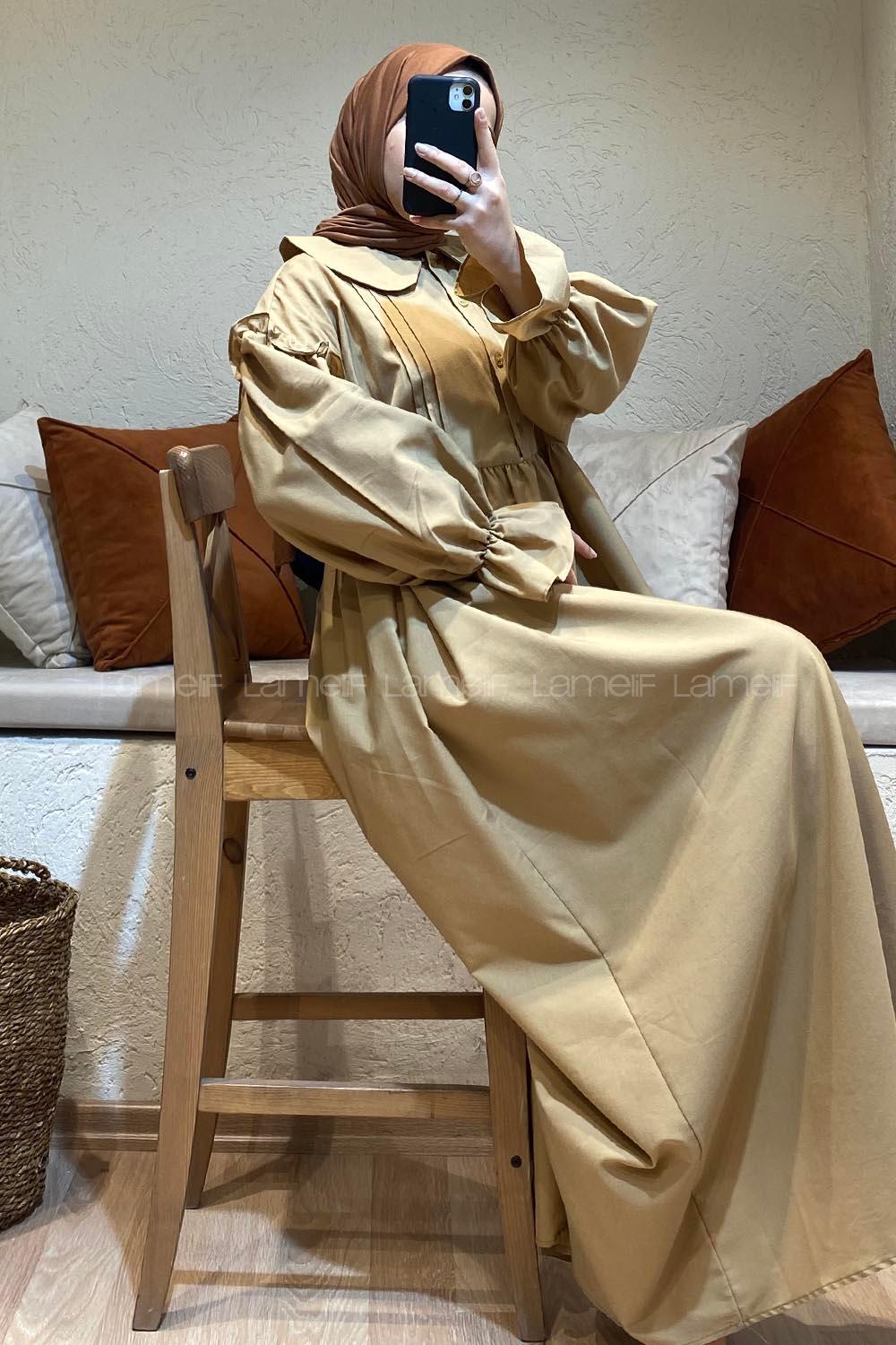 Modalamelif Bebe Yaka Pileli Elbise Camel