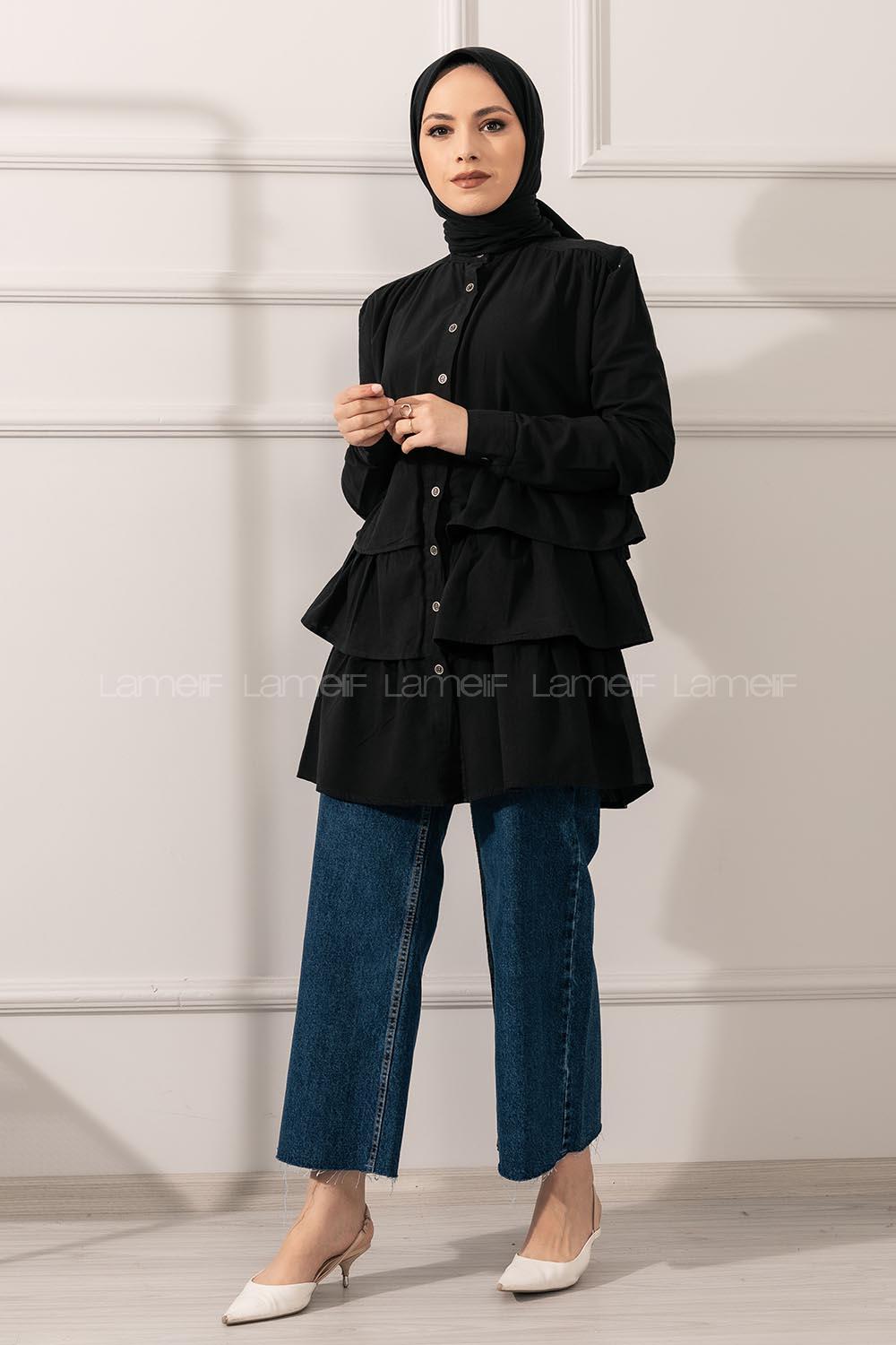 Modalamelif Eteği Fırfır Katlı Gömlek Siyah