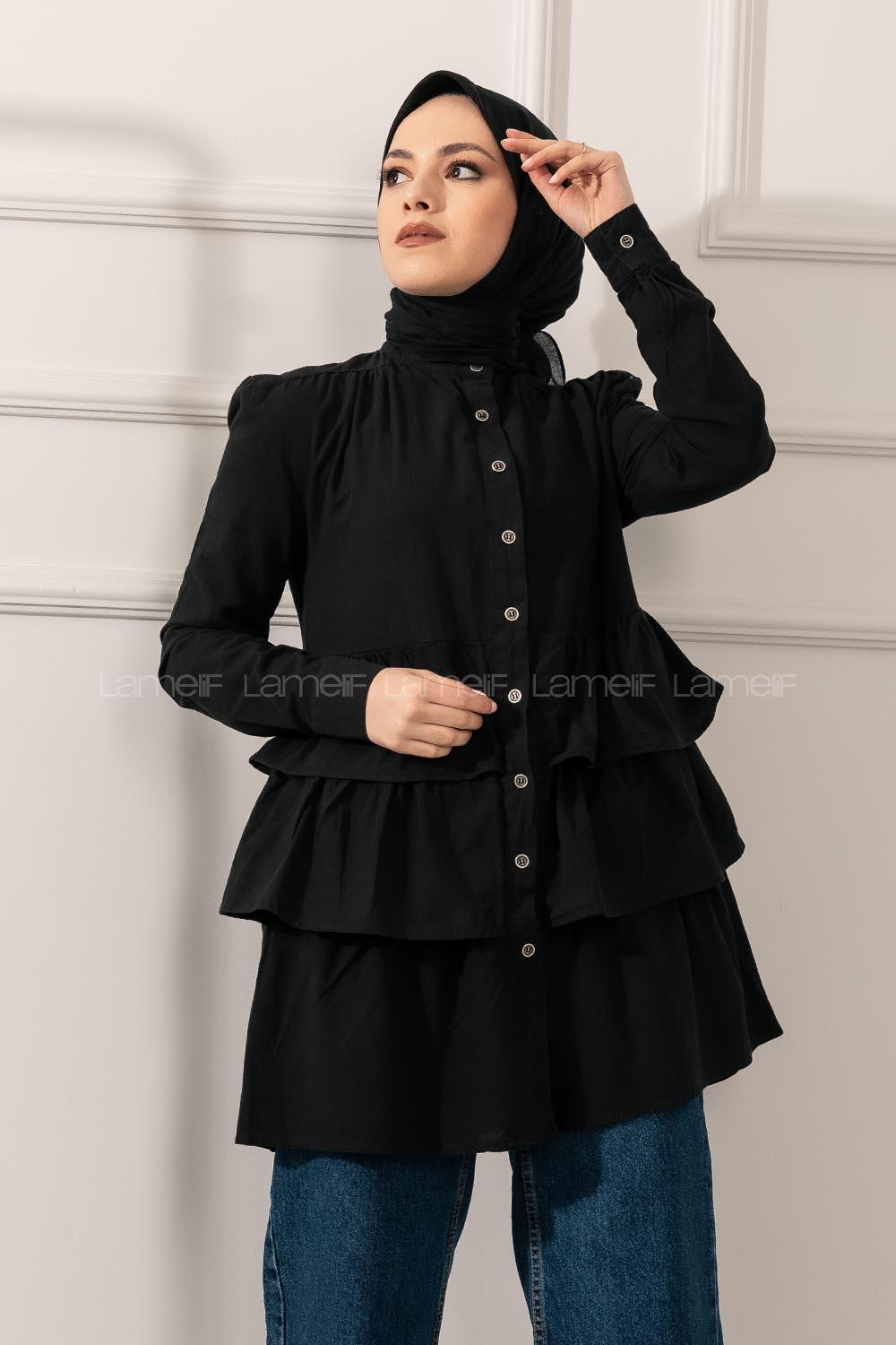 Modalamelif Eteği Fırfır Katlı Gömlek Siyah