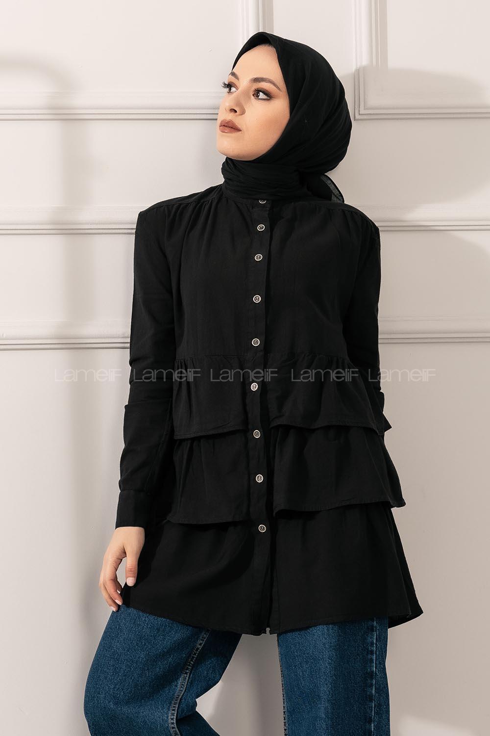 Modalamelif Eteği Fırfır Katlı Gömlek Siyah