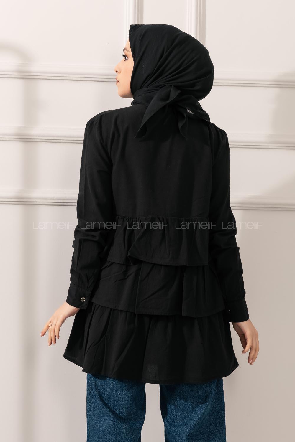 Modalamelif Eteği Fırfır Katlı Gömlek Siyah