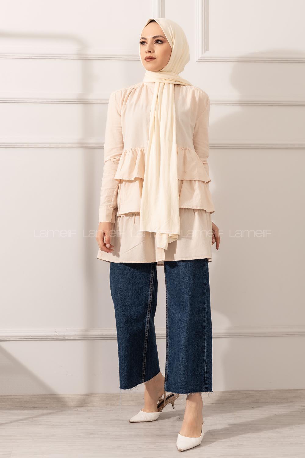 Modalamelif Eteği Fırfır Katlı Gömlek Taş