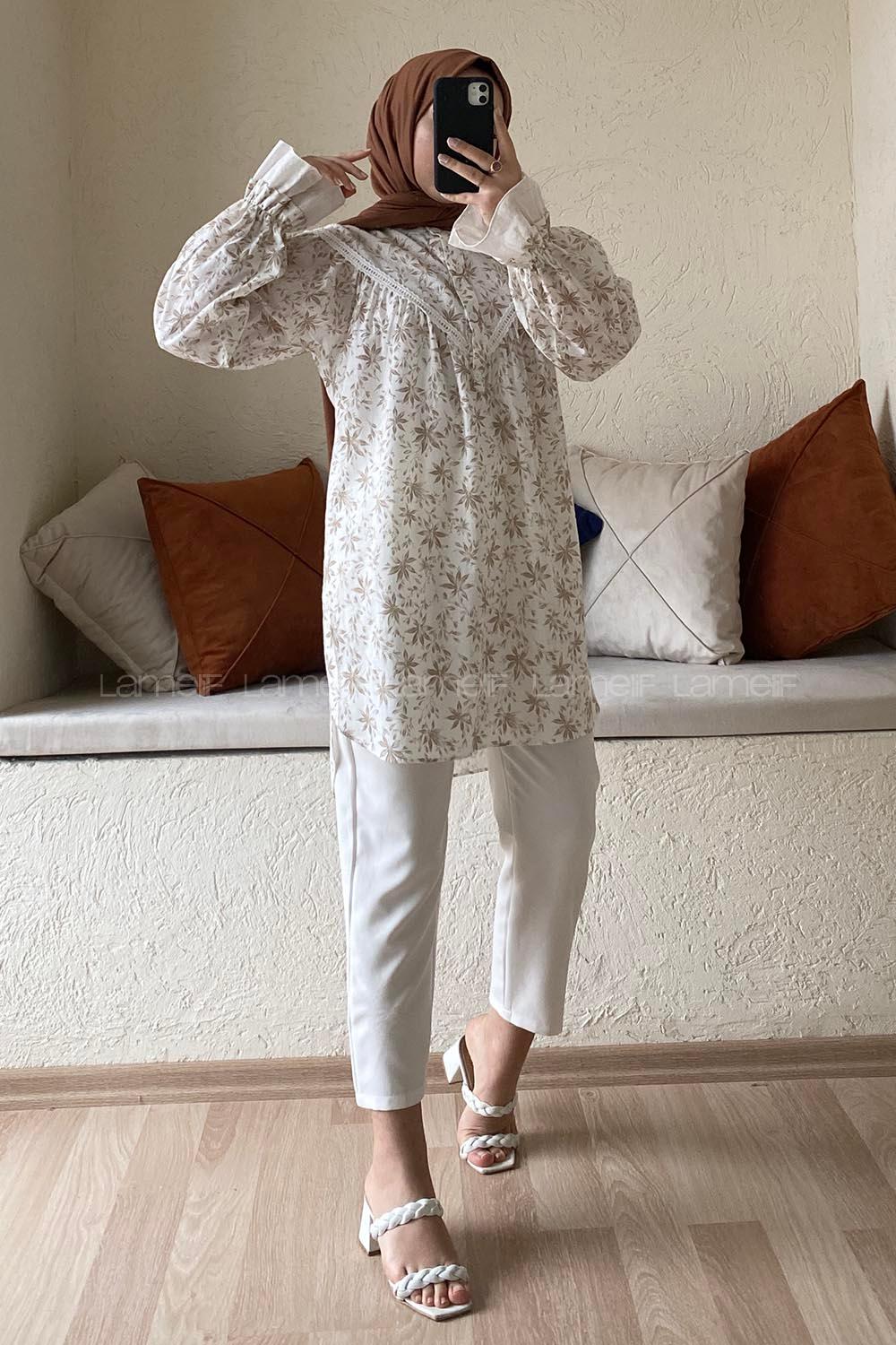 Modalamelif Hakim Yaka Dantel Detaylı Tunik Vizonrengi