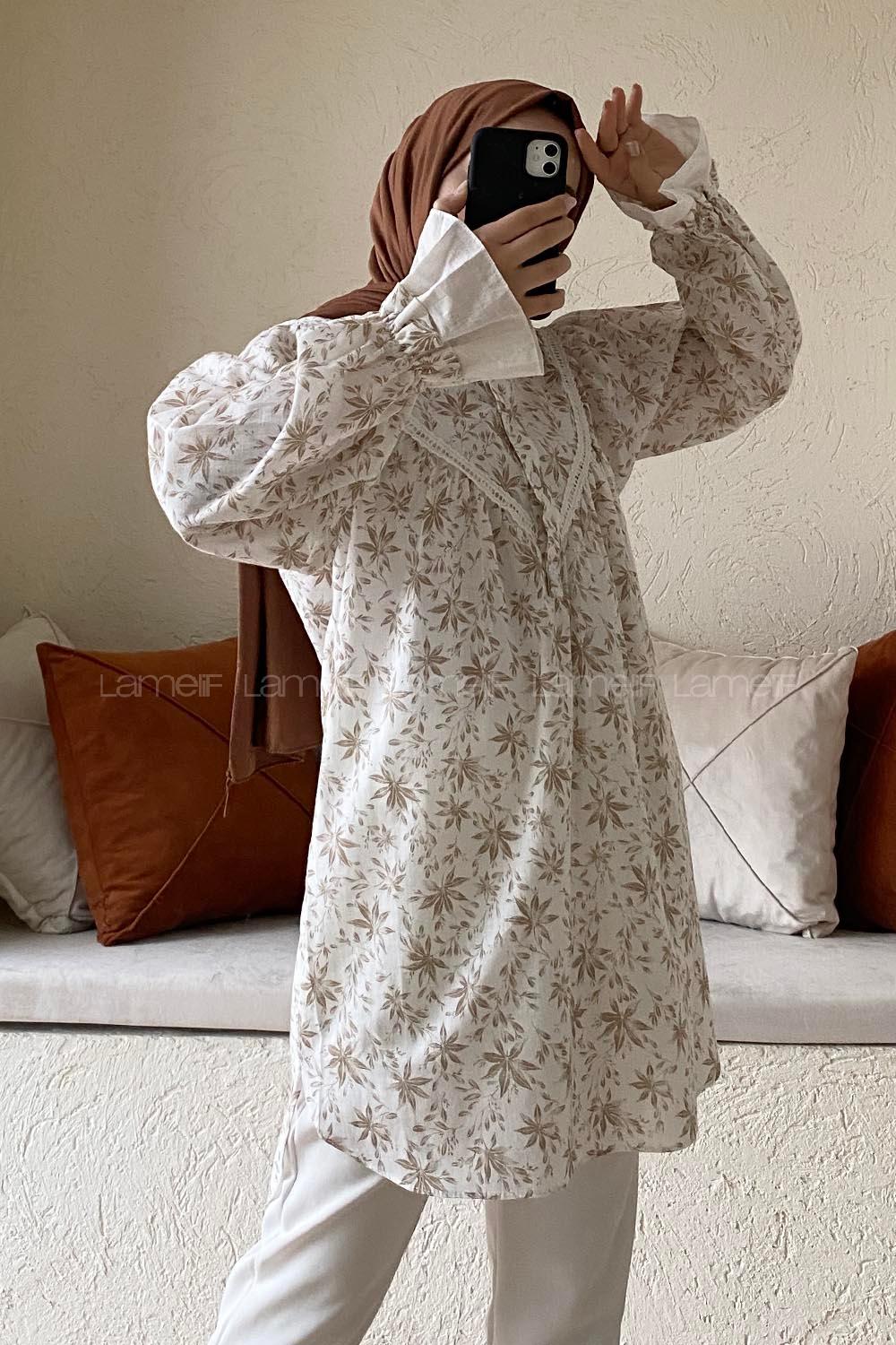 Modalamelif Hakim Yaka Dantel Detaylı Tunik Vizonrengi