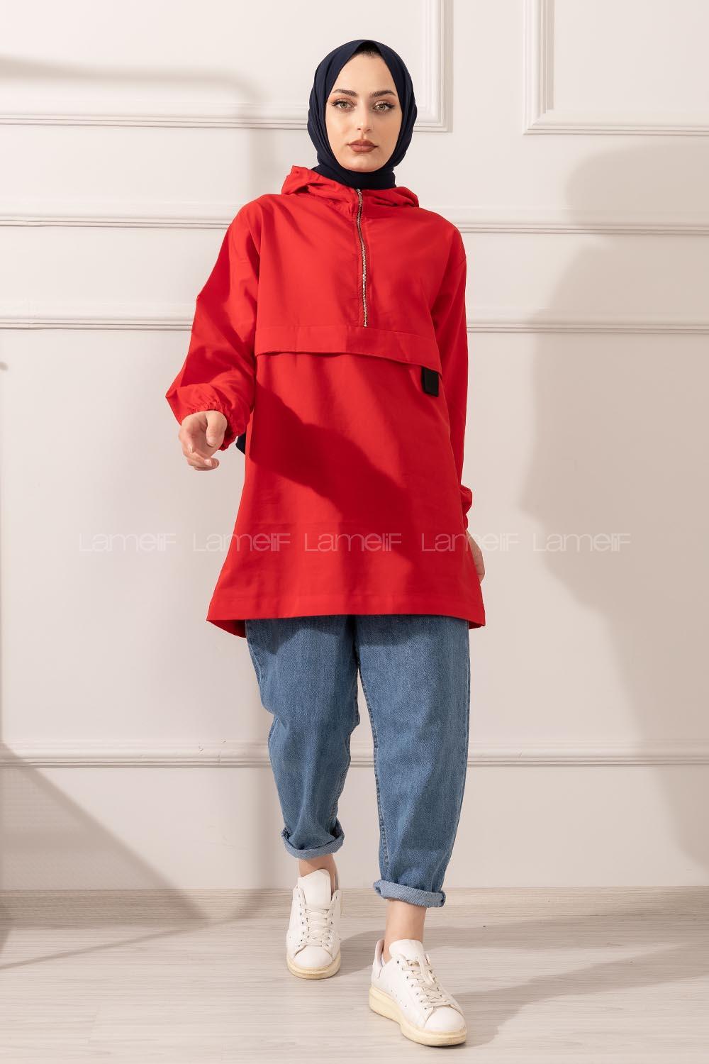 Modalamelif Kanguru Cep Yarım Fermuarlı Tunik Kırmızı