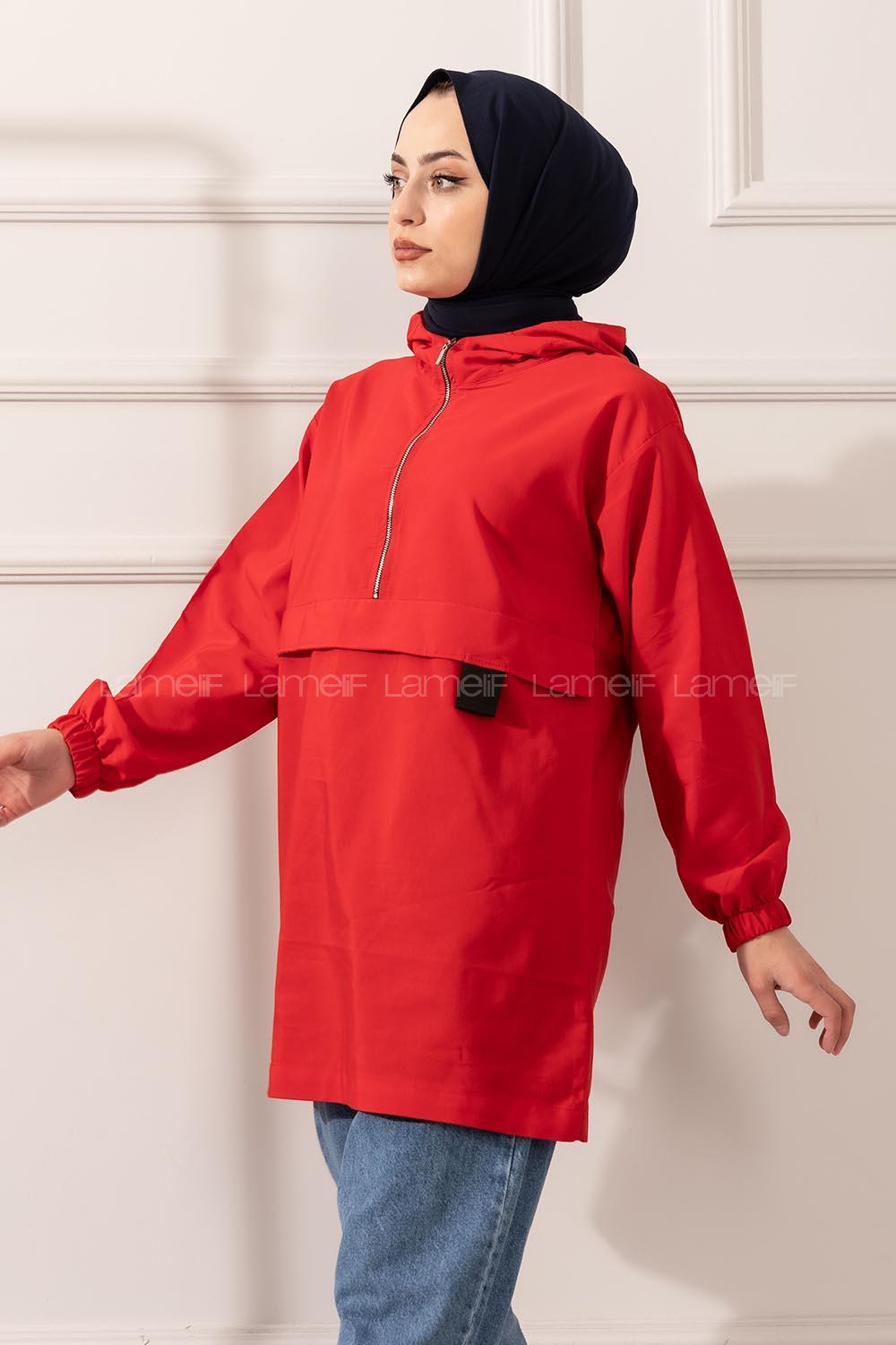 Modalamelif Kanguru Cep Yarım Fermuarlı Tunik Kırmızı