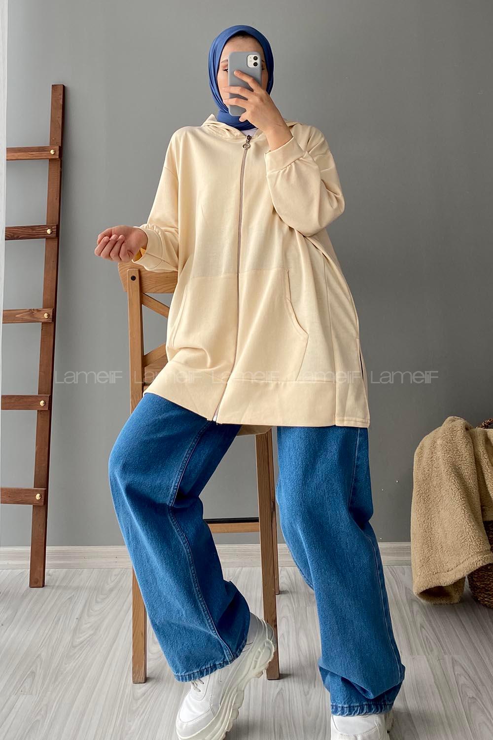 Lamelif Önü Fermuarlı Kapüşonlu Hırka Krem