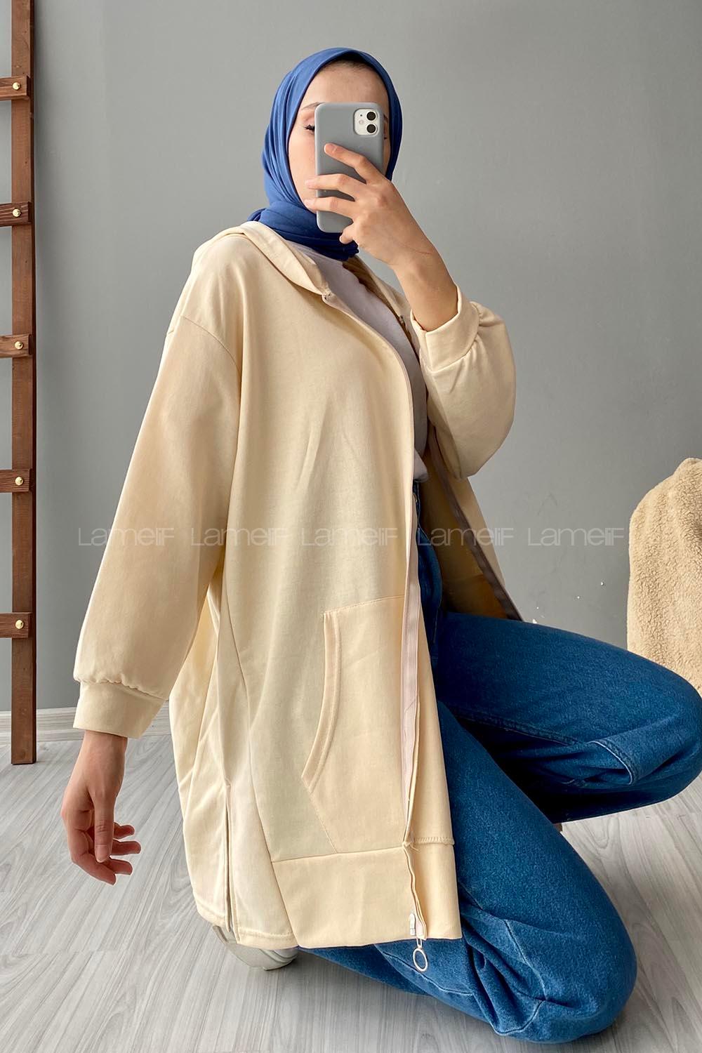 Lamelif Önü Fermuarlı Kapüşonlu Hırka Krem