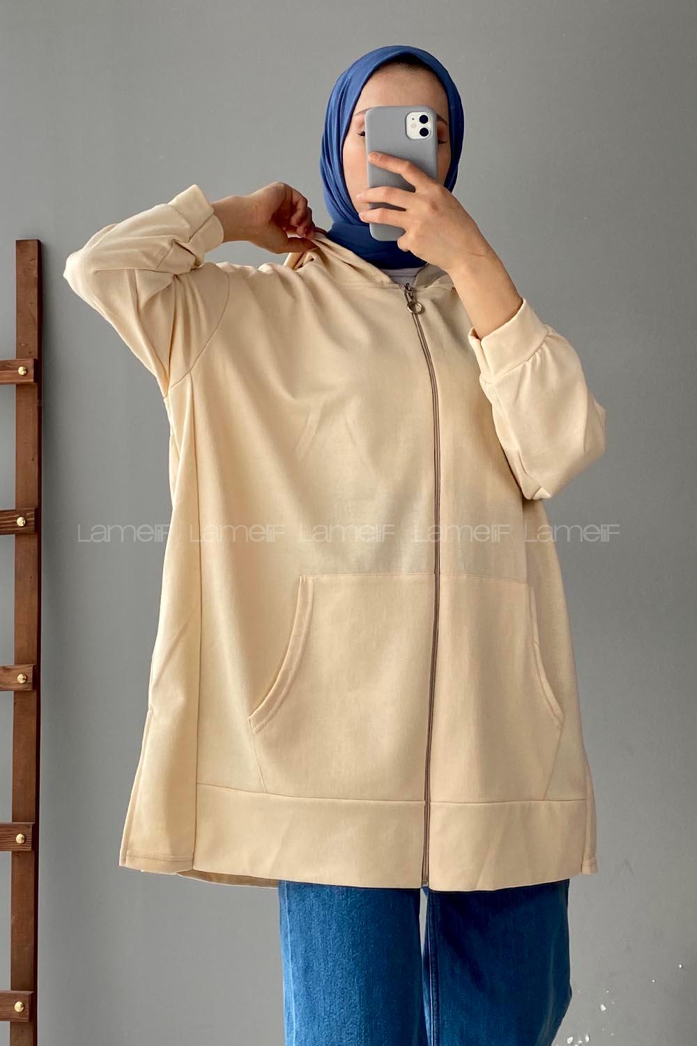 Lamelif Önü Fermuarlı Kapüşonlu Hırka Krem